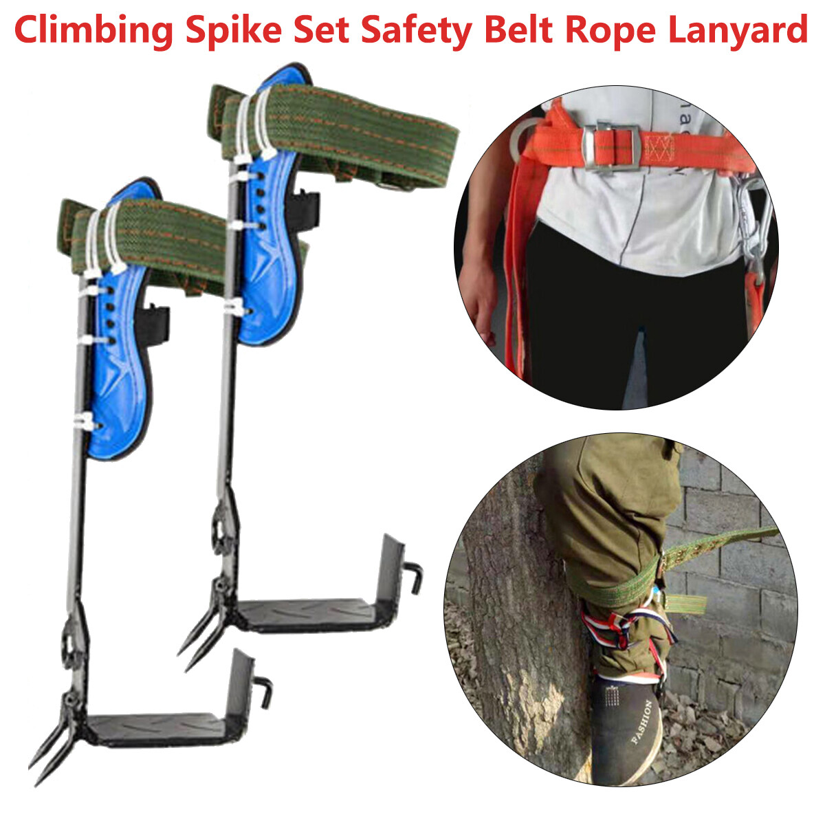 Tree/Pole Climbing Spike Set Safety Belt Rope Lanyard w/ Carabiner 2 Gear Hook