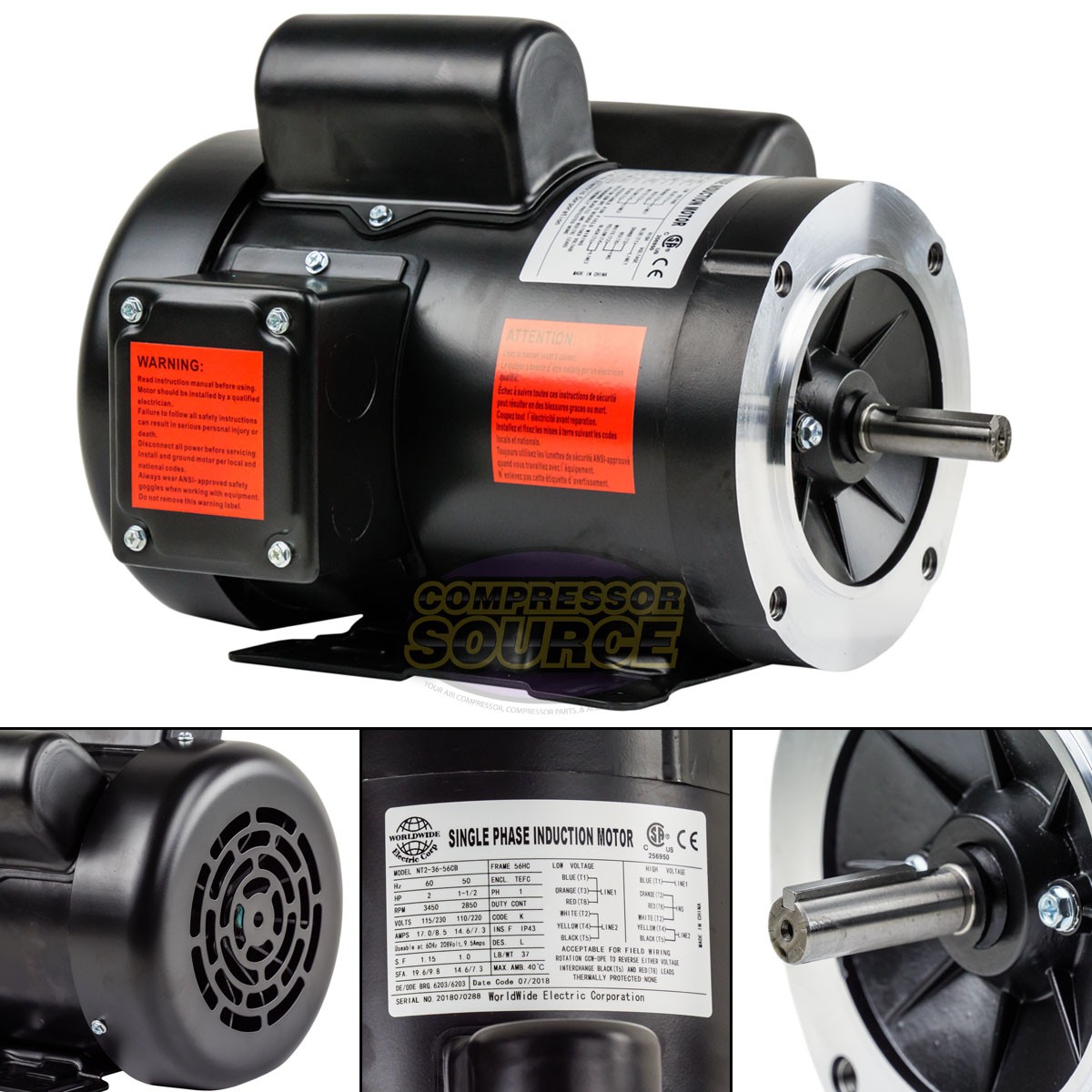 2 HP Electric Motor Single Phase 56H Frame 3450 RPM TEFC 115 / 230V C Face