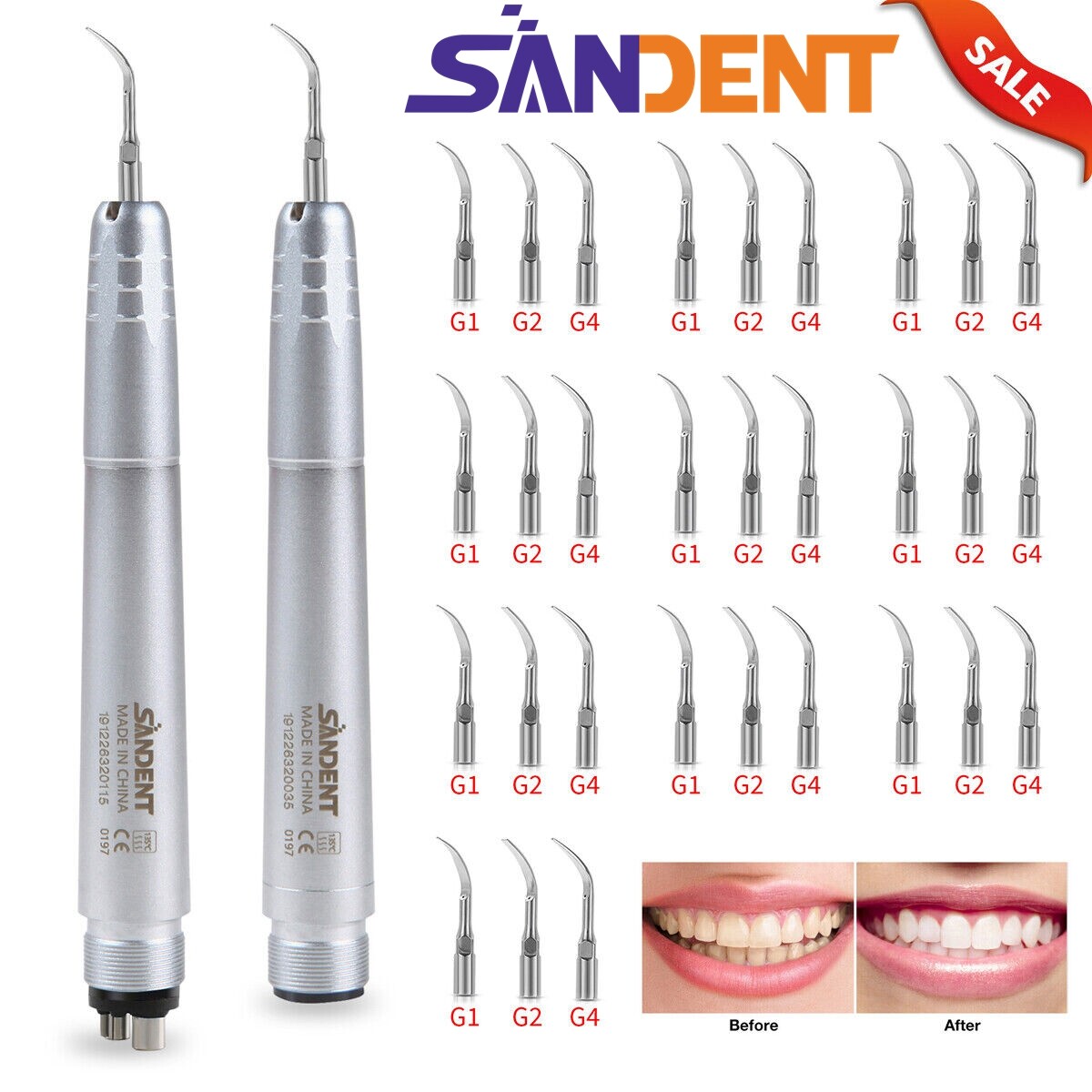 Dental Ultrasonic Air Scaler Handpiece Sonic 2/4 Hole+3 Tips Fit for KAV Scaler