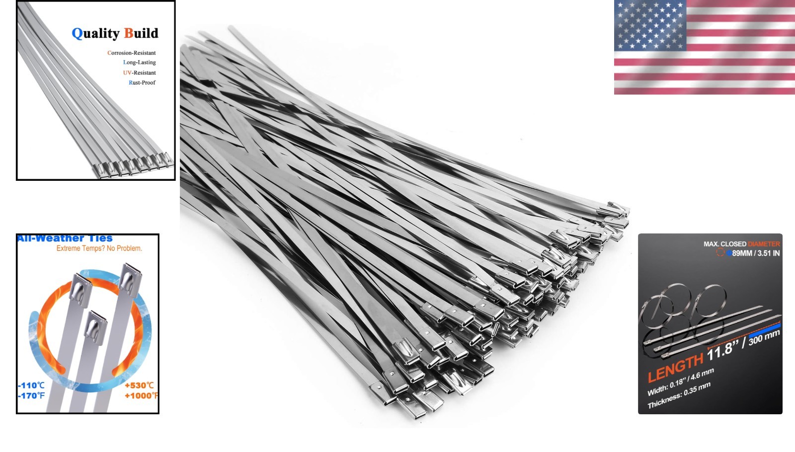 11.8 Inch Self-Locking Metal Zip Ties for Exhaust Wrap & Repairs