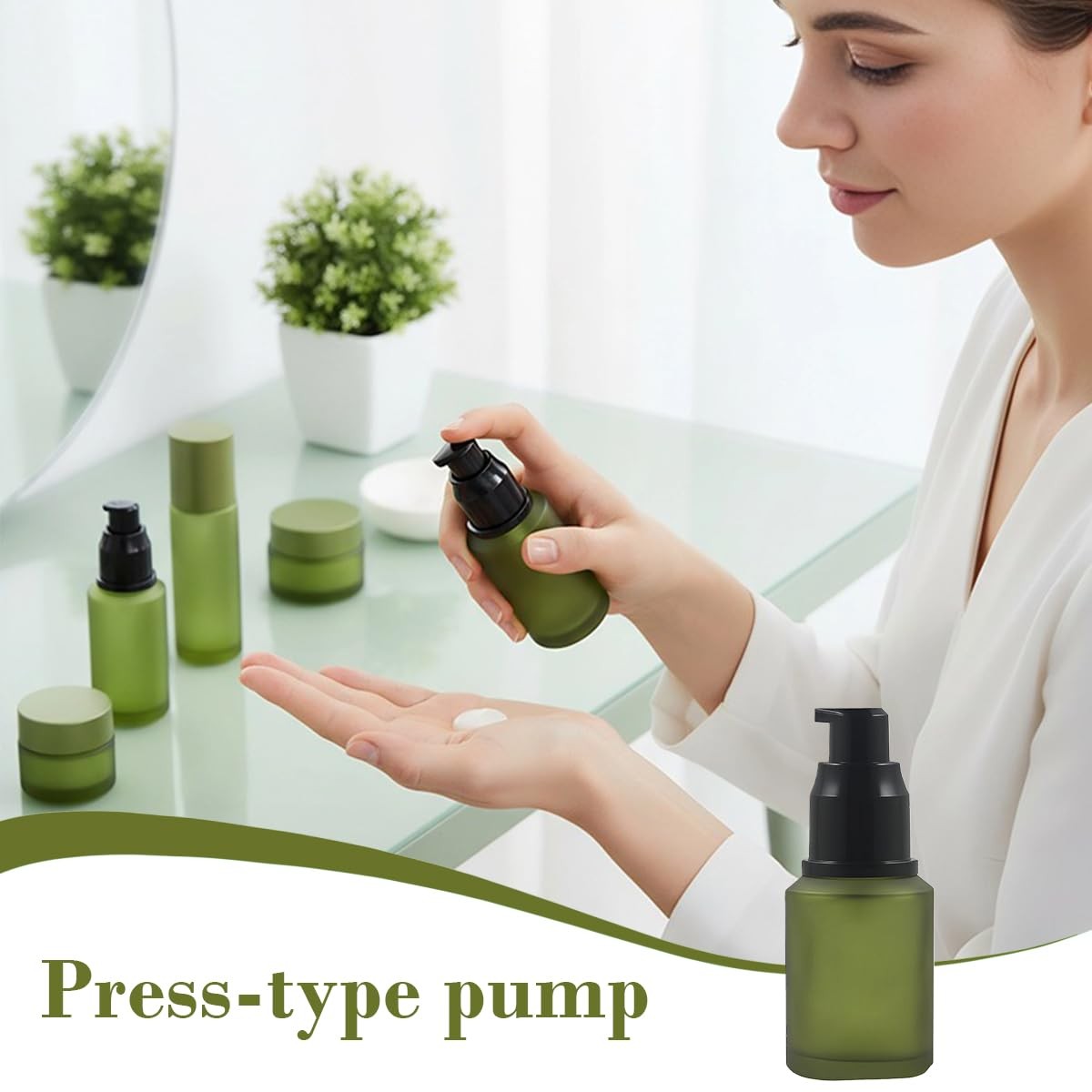1PCS 60ML/2OZ Empty Refillable Green Frosted Glass Bottles with Pump Vial…