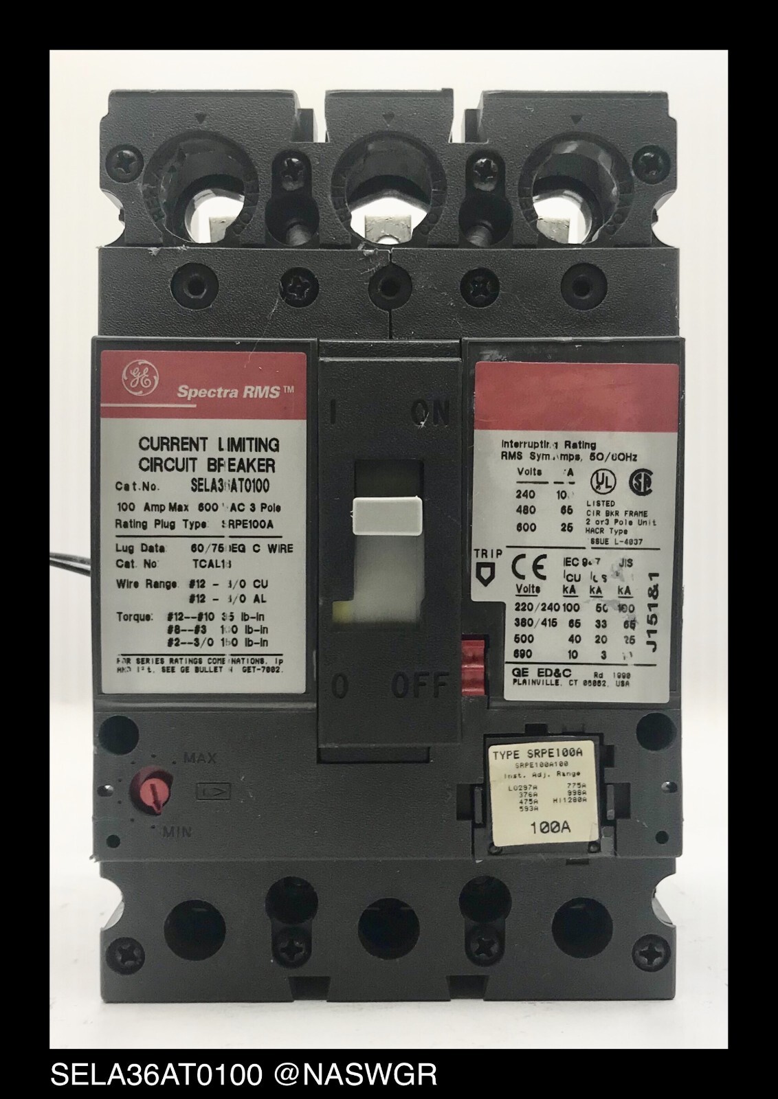 GE Spectra RMS SELA36AT0100 Circuit Breaker w/ Shunt Trip ~ 100 Amp – Tested