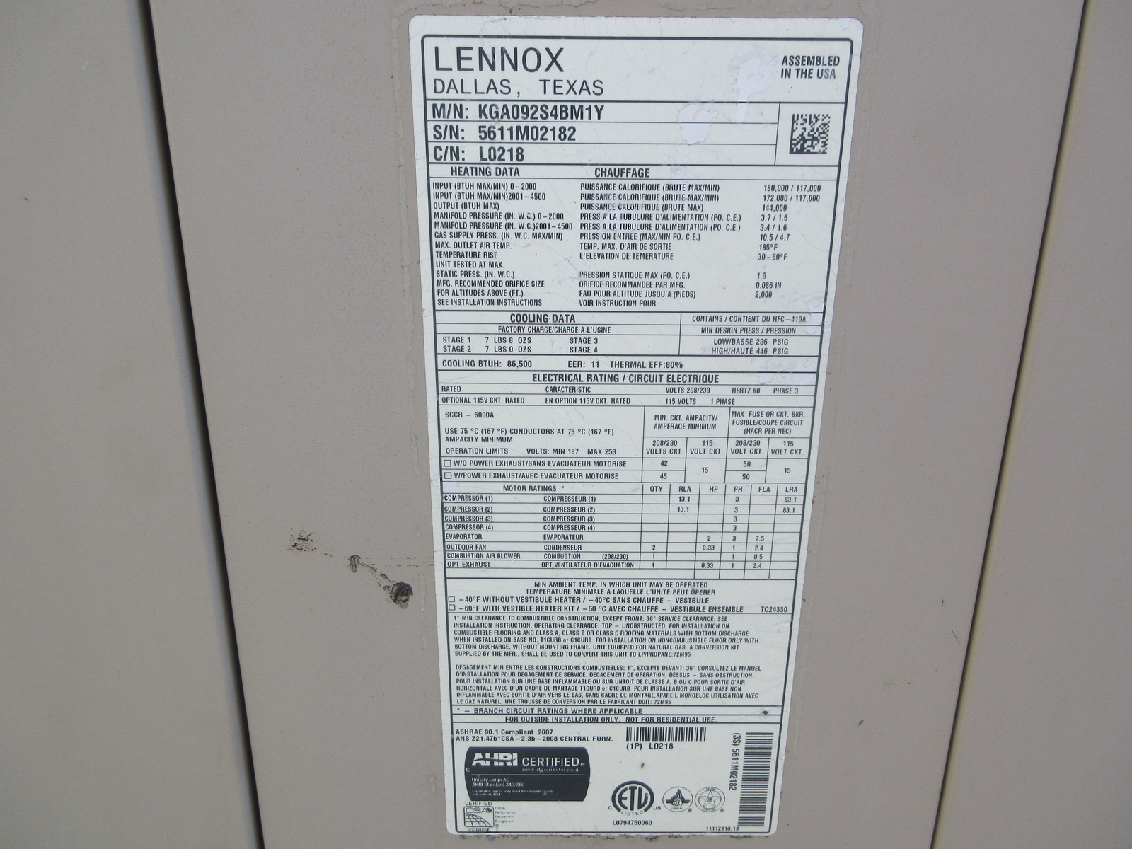 Lennox Rooftop Unit KGA092S4BM1Y 7.5-Ton 208/230V 60Hz 3Ph Medium Gas Heat Used