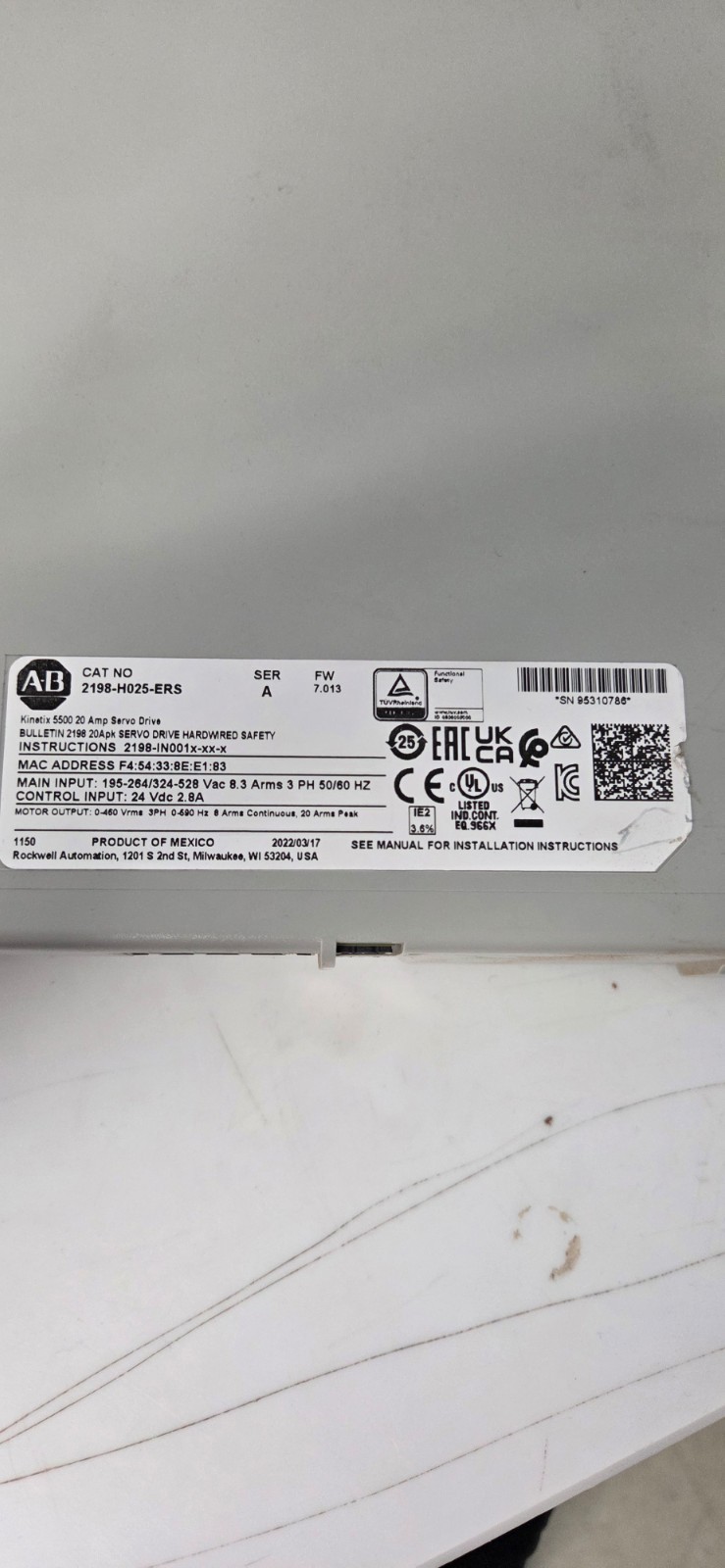 Allen-Bradley Kinetix 5500 Servo Drive 2198-H025-ERS
