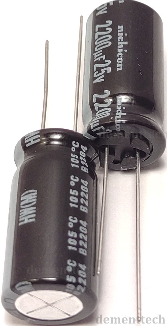 2x Nichicon HW 2200uF 25V High Endurance Low-ESR 105C radial capacitor 12.5x25mm