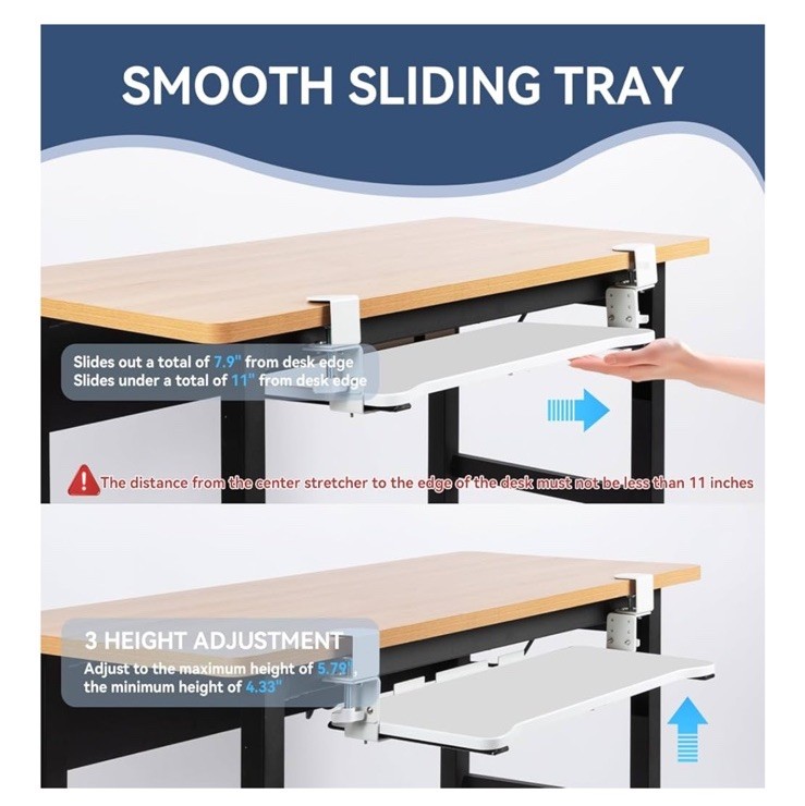 Kayfia Keyboard Tray Under Desk Height Adjustable,26.4”x11.8” Slide-out White