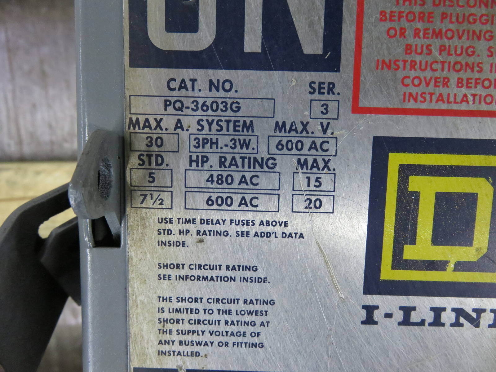 SQUARE D BUS PLUG PQ-3603G I-LINE 30A 600V 3P 3PH 3W FUSIBLE 1YEAR WARRANTY