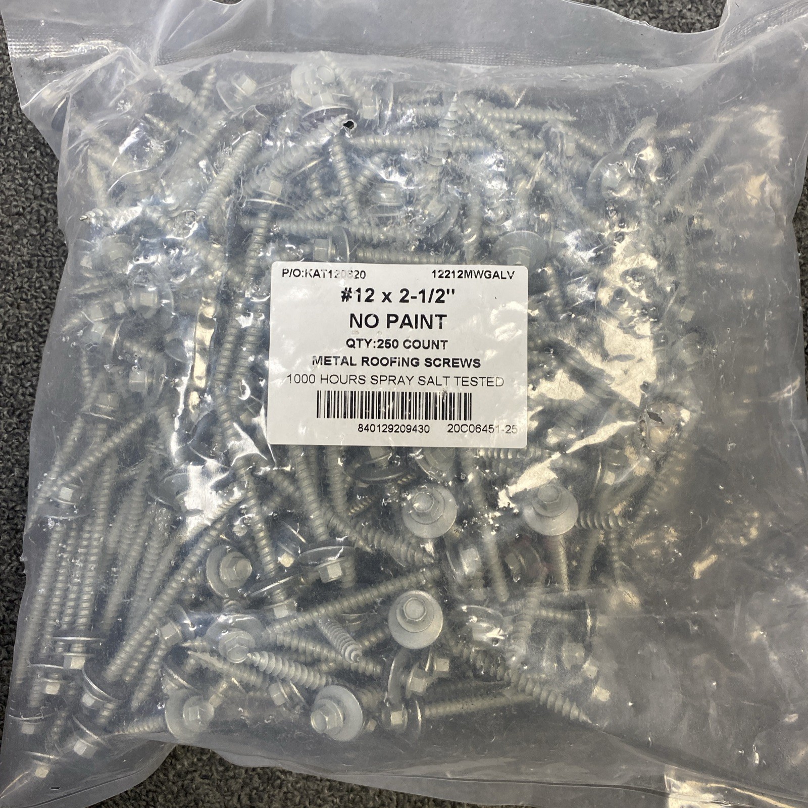 #12 x 2-1/2 Hex Neoprene Washer Roofing Screws Galvanized Unpainted Sharp 250ct
