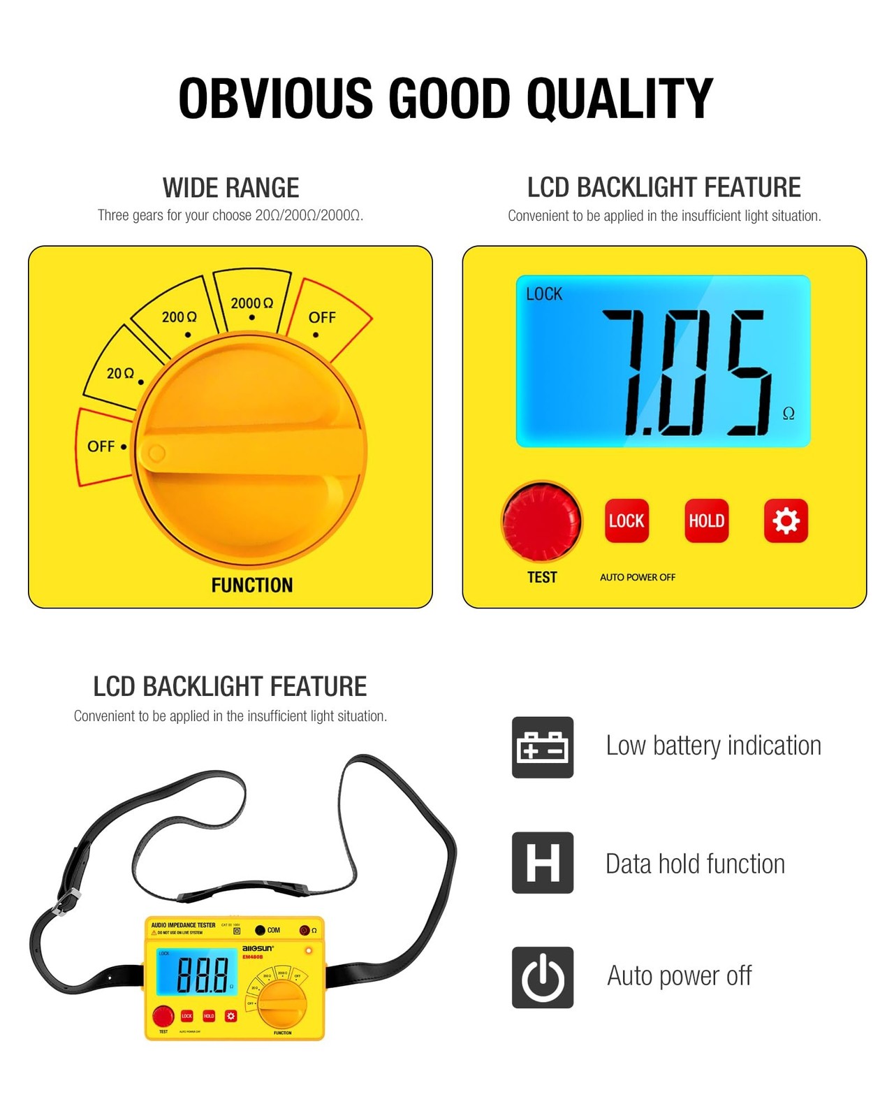 ALLOSUN – EM480B Audio Impedance Tester Digital LCD Insulation Resistance Meg…