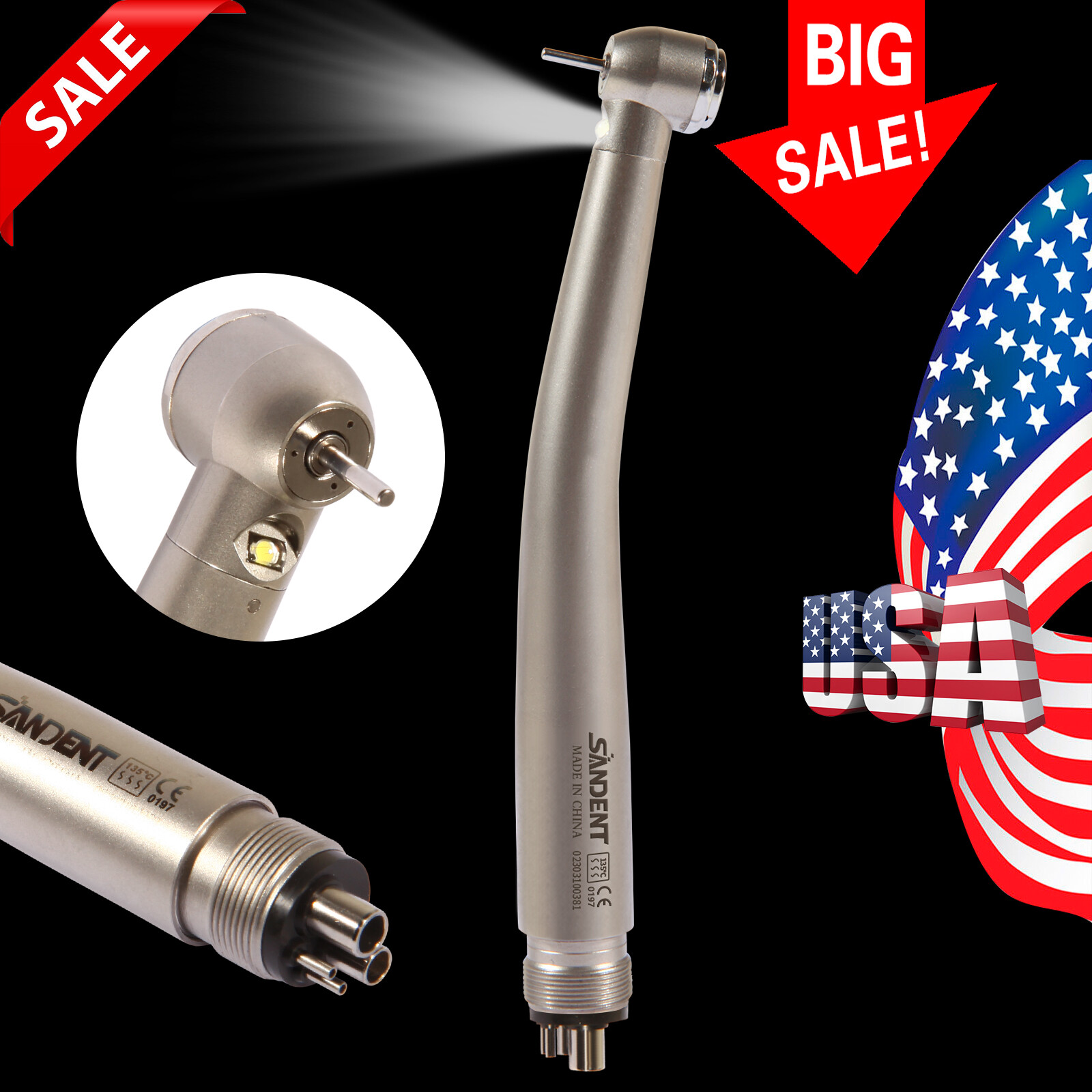 Dental E-generator LED Triple spray Fiber Optic Handpiece High Speed 4 Hole
