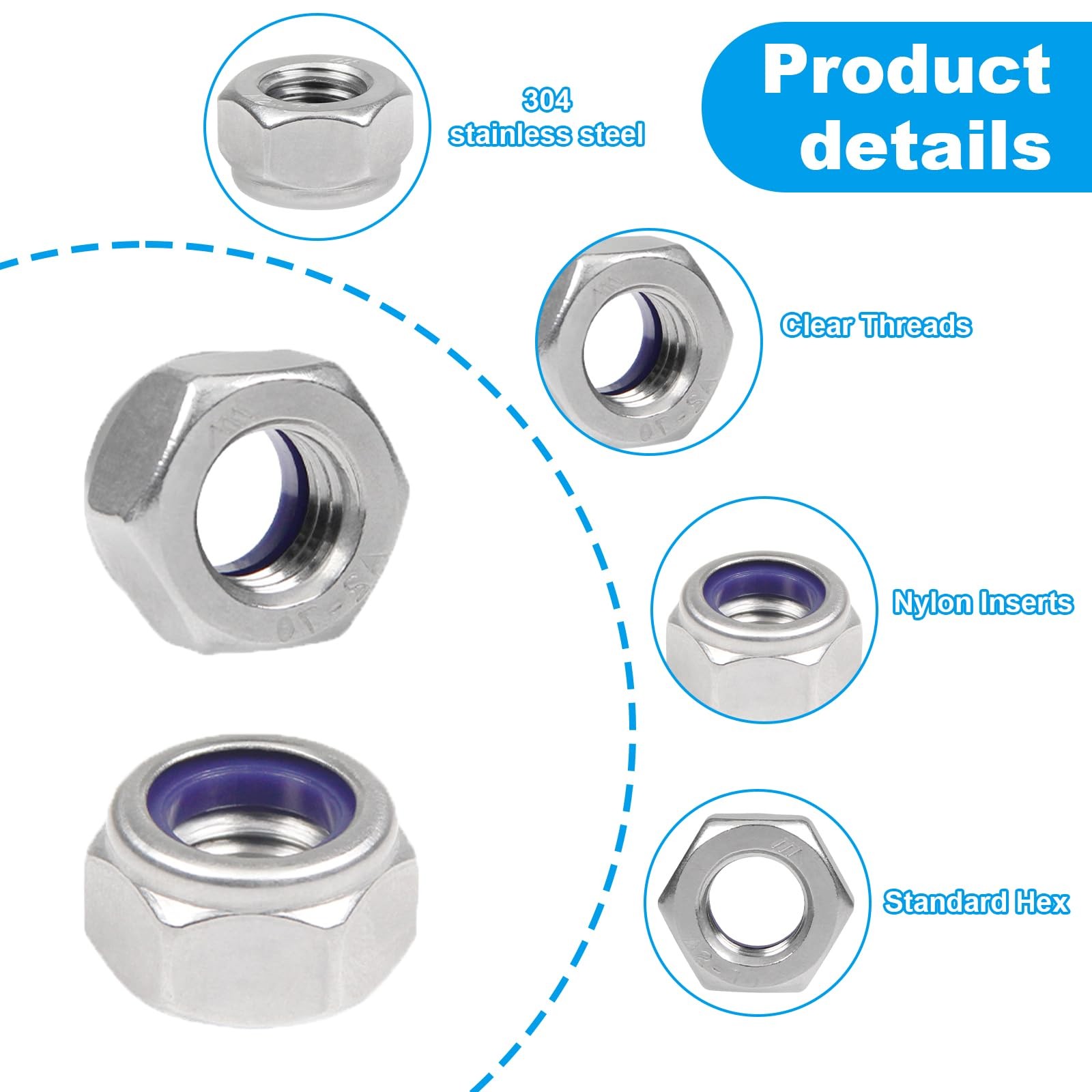 100PCS M5 Locknuts M5x0.8mm Nylon Insert Hex Lock Nuts 304 Stainless Steel Me…