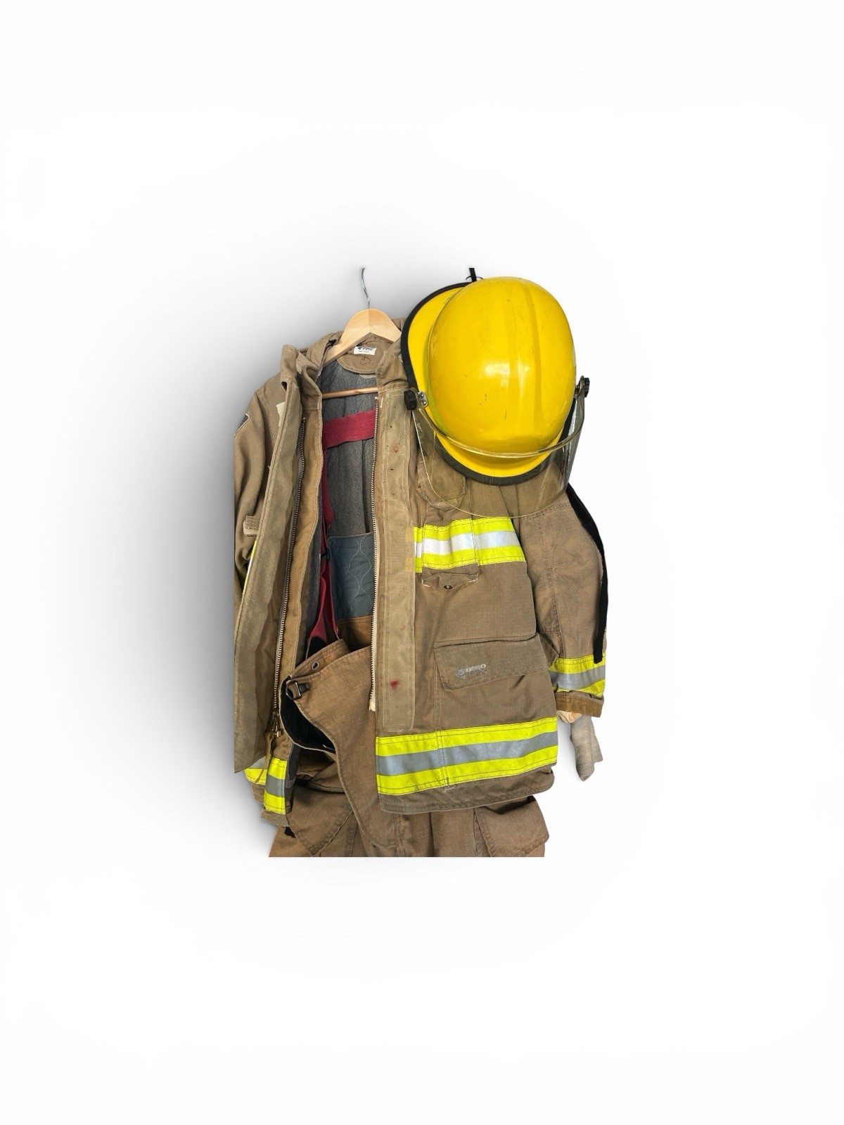 COMPLETE SET FIREFIGHTERS TURNOUT GEAR COAT PANTS BOOTS SUSPENDERS HELMET BOOTS