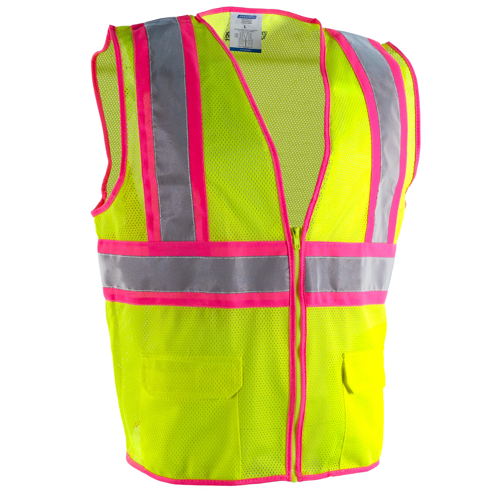 Class 2 Reflective Two Tone Safety Vest Pockets, Lime/pink outline Jorestech