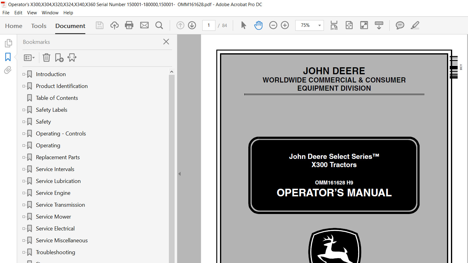 John Deere X300 X304 X310 X320 X324 X340 X360 Technical & Operator’s Manual USB