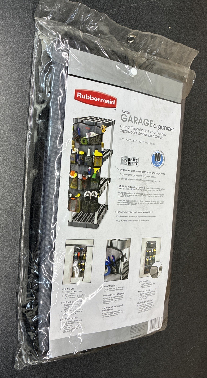 Rubbermaid Large Garage Organizer 18.5” X 43.5” X 5.5” Heavy Duty New 10 Pockets