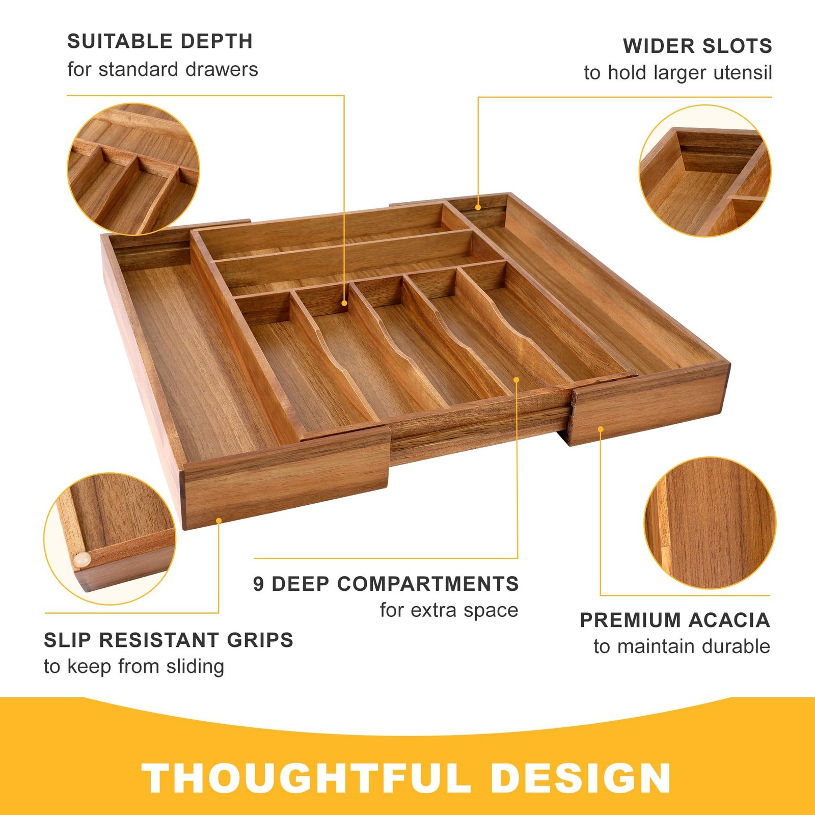 Large Premium Acacia Silverware Organizer – Expandable Drawer Organizer & Ute…