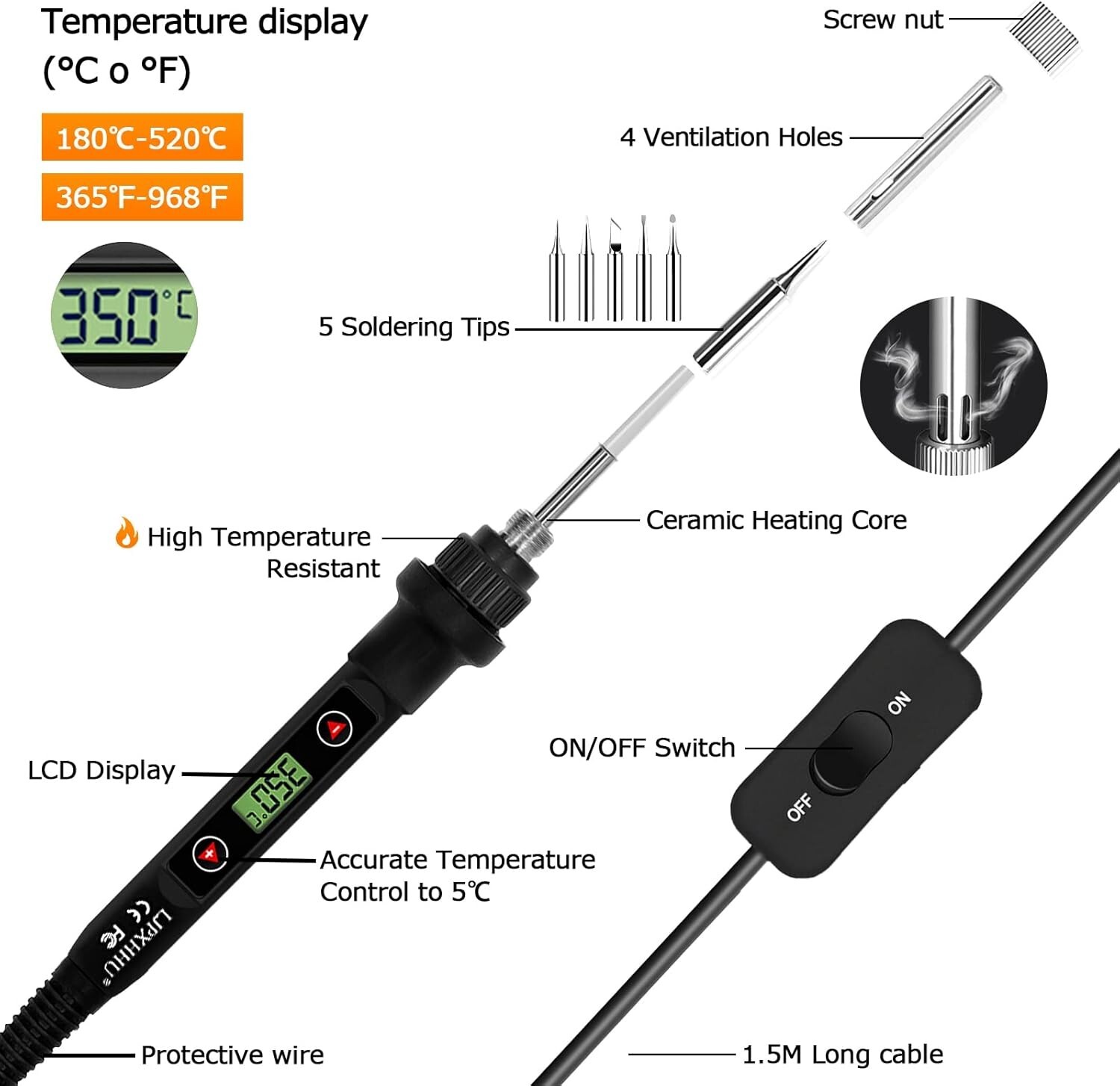 Kit de soldador de 80 W con pantalla LCD y temperatura ajustable de 180-520 °C.