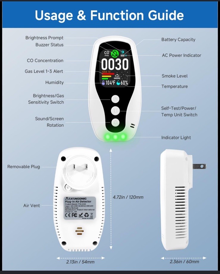 6-in-1 Plug-In Carbon Monoxide Detector – Natural Gas Leak Detector-Smoke Alarm