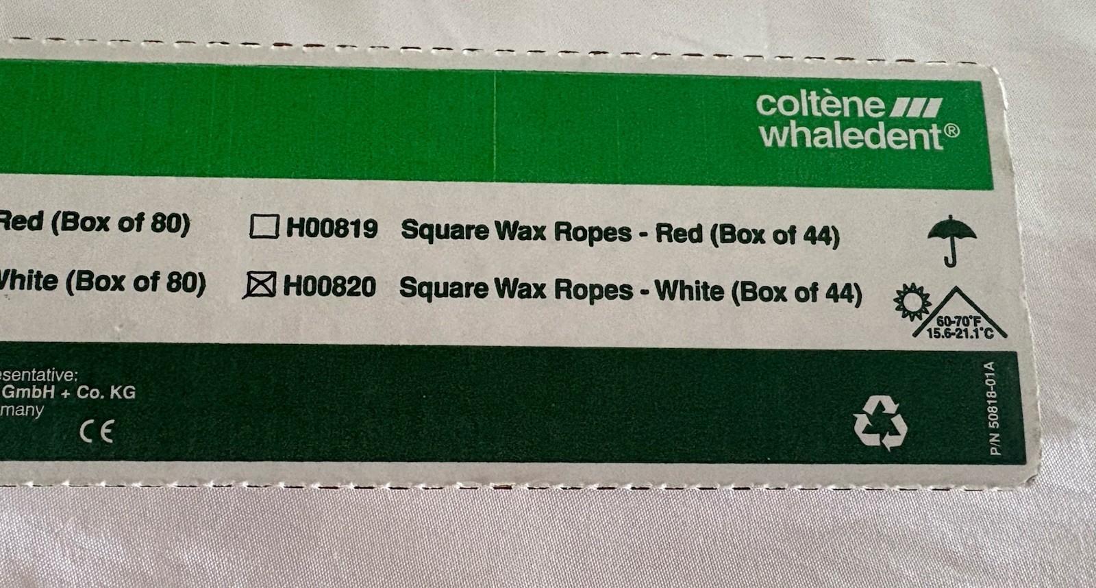 Coltene Whaledent H00820 Hygenic Square Wax Ropes White 11 x 3/6″ 44/Bx NOS