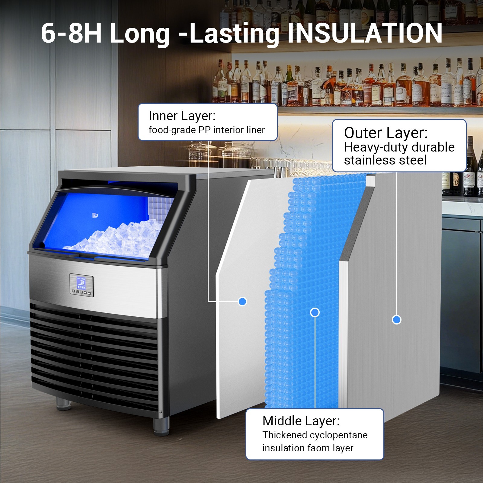 Commercial Ice Maker Machine 450LBS/24H Under Counter Ice Machine 120LBS Storage