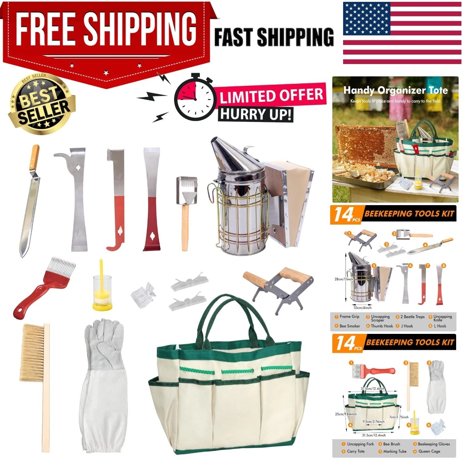 Bee Keeper Essentials: 14-Pc Tool Kit with Protective Gloves for Safe Harvesting