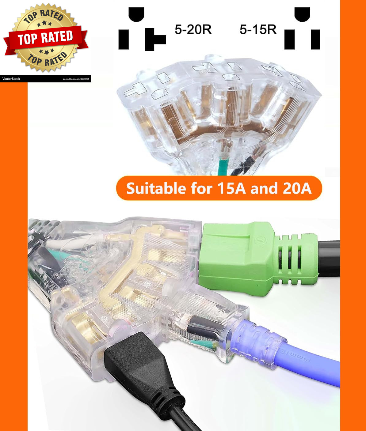 30 Amp to 20 Amp 110V RV Cord Distribution Plug Adapter, NEMA TT-30P to 3X 5-20R