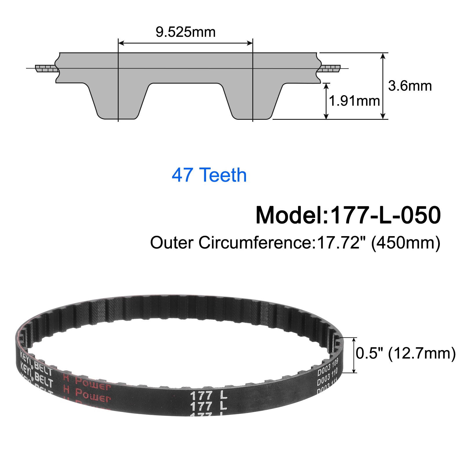 177-L-050 l Timing Belt 17.72″ Pitch Length x 0.5″ Width, 47 Teeth