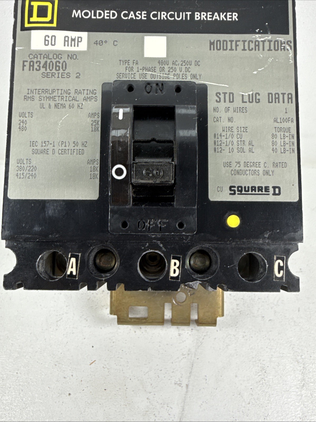 Square D FA34060 Thermal-Magnetic Circuit Breaker, 3-Pole, 60A, 480VAC, 250VDC