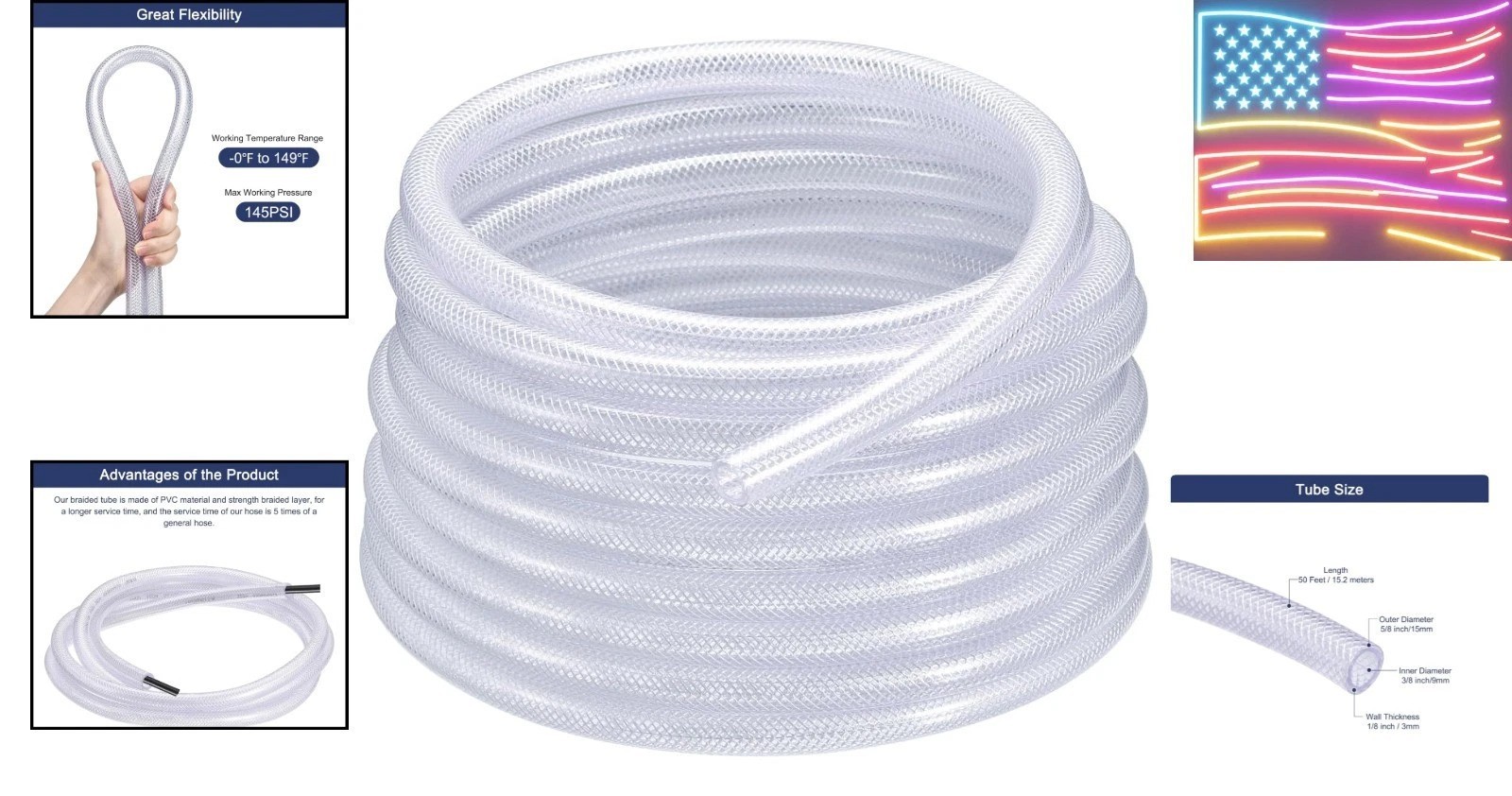 3/8″ ID x 5/8″ OD 50 Ft PVC Tube Braided Reinforced Tubing Flexible Hose Pipe…