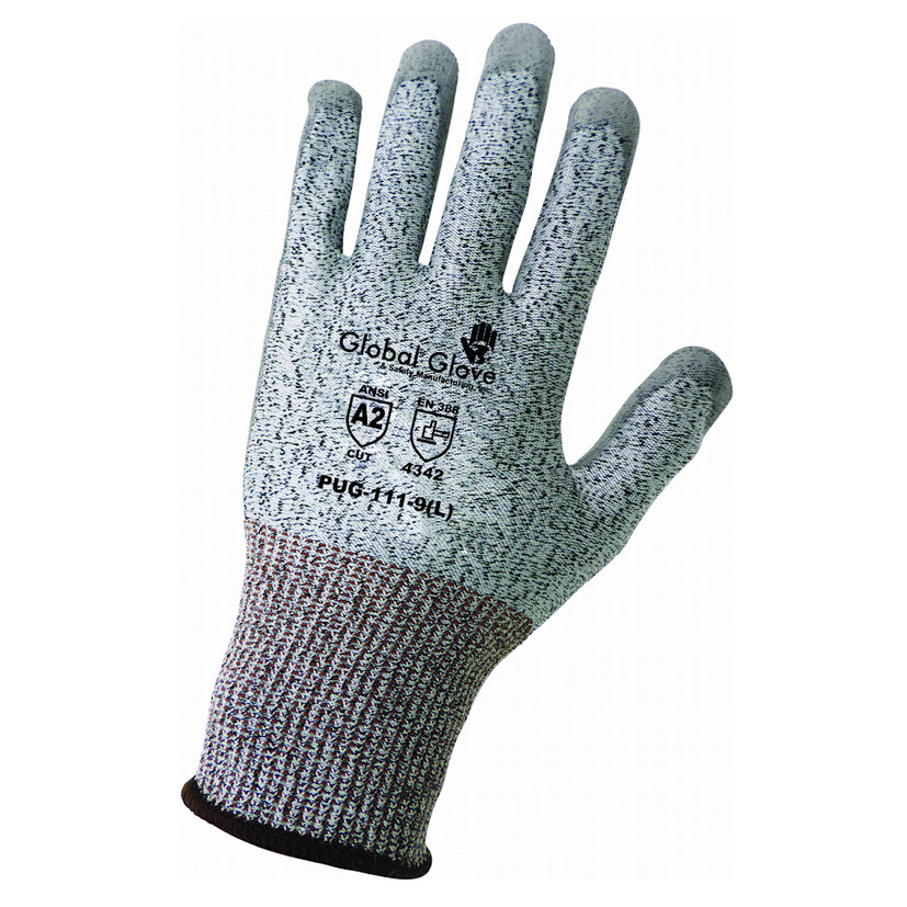 Global Glove PUG-111 Cut Resistant Level A2 Work Gloves Grey PU Palm Coated