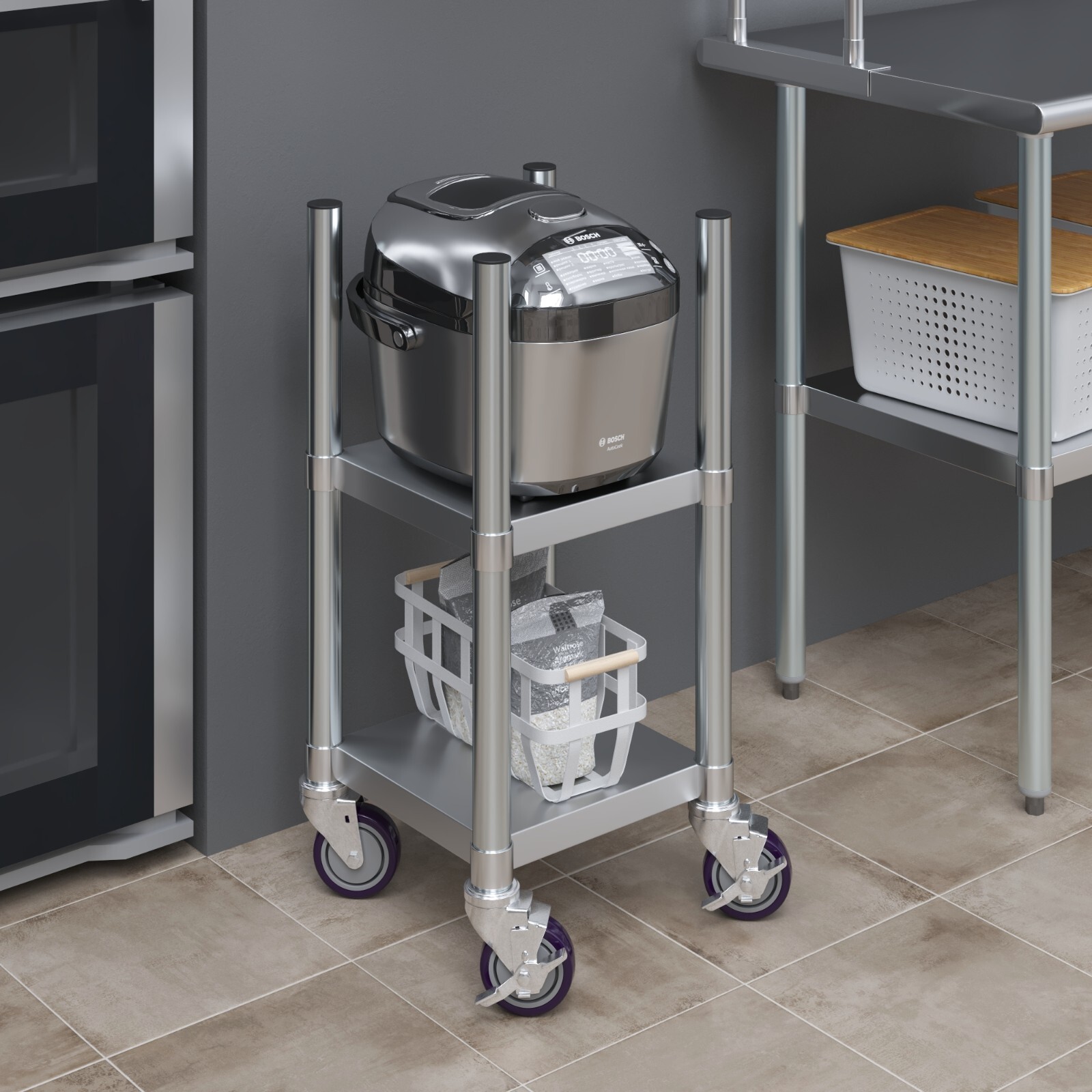 14 in. x 14 in. Stainless Steel Rice Warmer Stand with Wheels