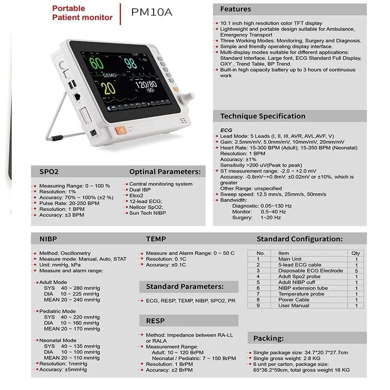 Carejoy Portable 8 Inch 6 Parameter Vital Sign Patient Moniter