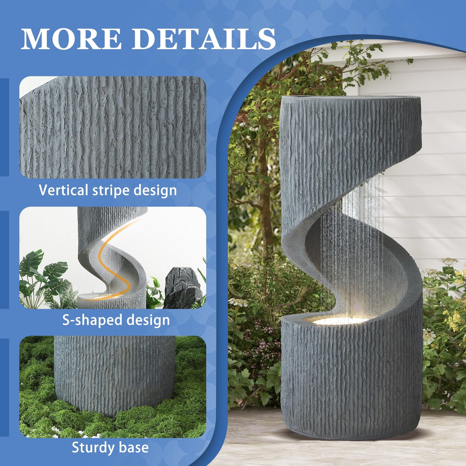31.9″ S-Shaped Water Fountain LED Lights Cascading Indoor Outdoor Floor Standing