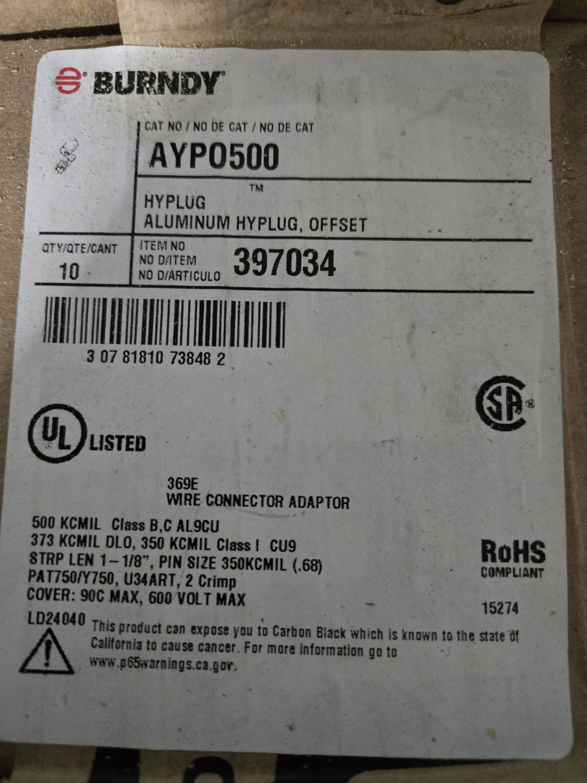 Box of 10-BURNDY AYPO500 500kcmil Termination Plug Compression Pin Adapter