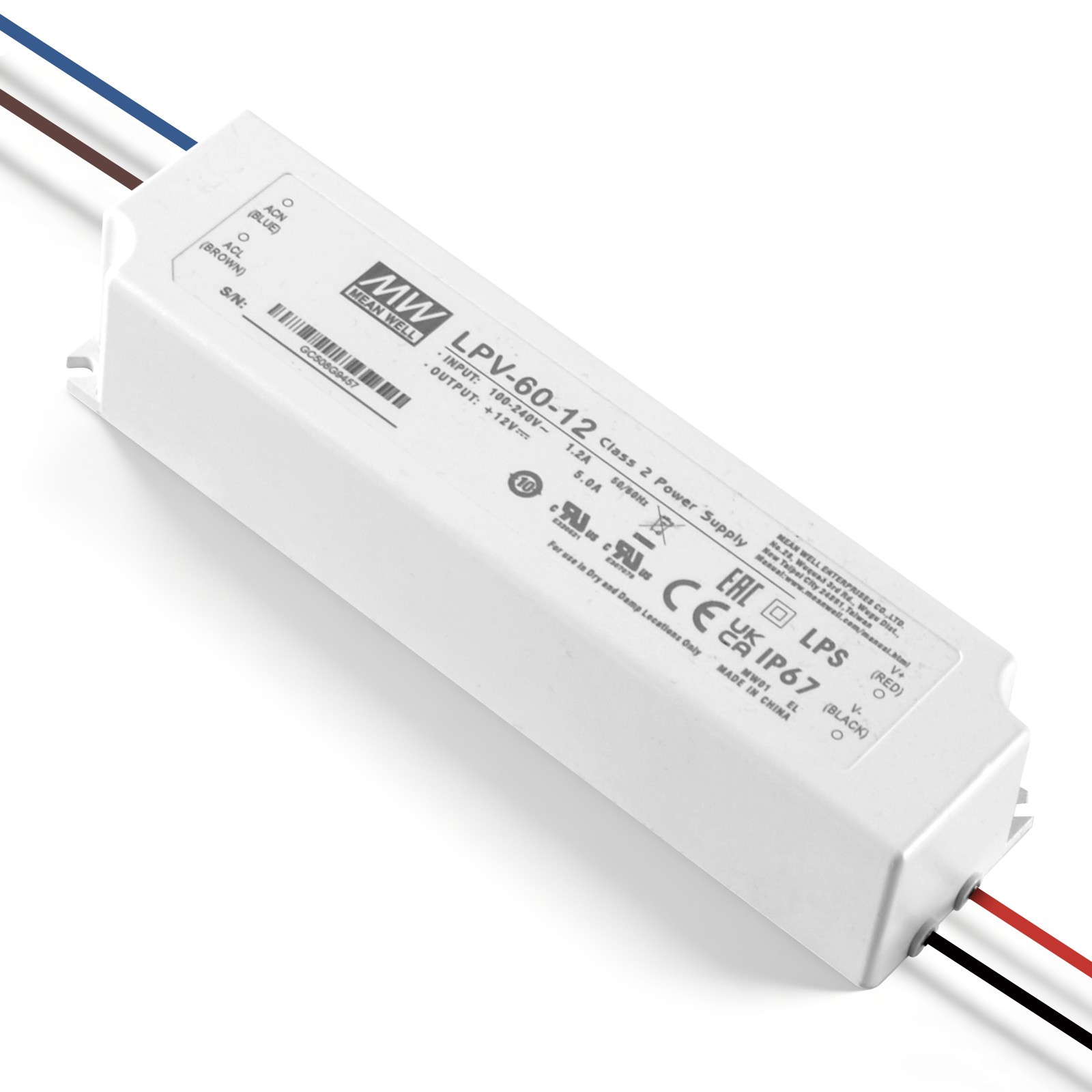 MEAN WELL 60W LPV-60-12 Sealed Panel Mount LPV Series AC-DC 12-volt 5-Amp Power