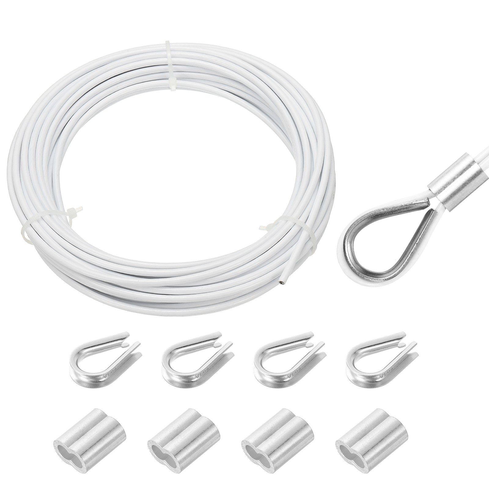 33Ft(10M) Wire Rope Stainless Steel Cable 1/8″ 4pcs Sleeves & Thimble, White