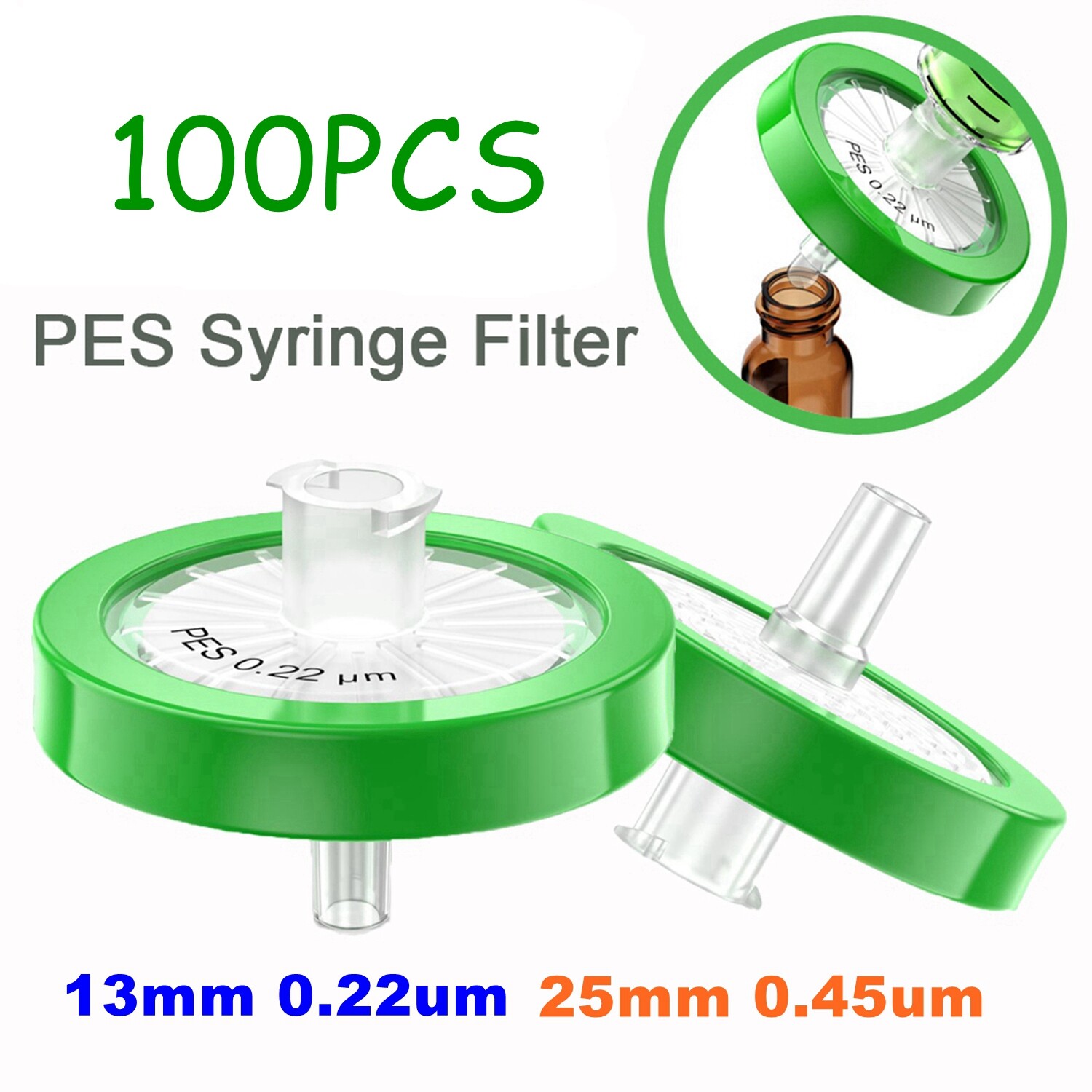 100pcs PES Syringe Filter 13mm 25mm Diameter, 0.45 um 0.22 μm Pore Size HPLC Lab