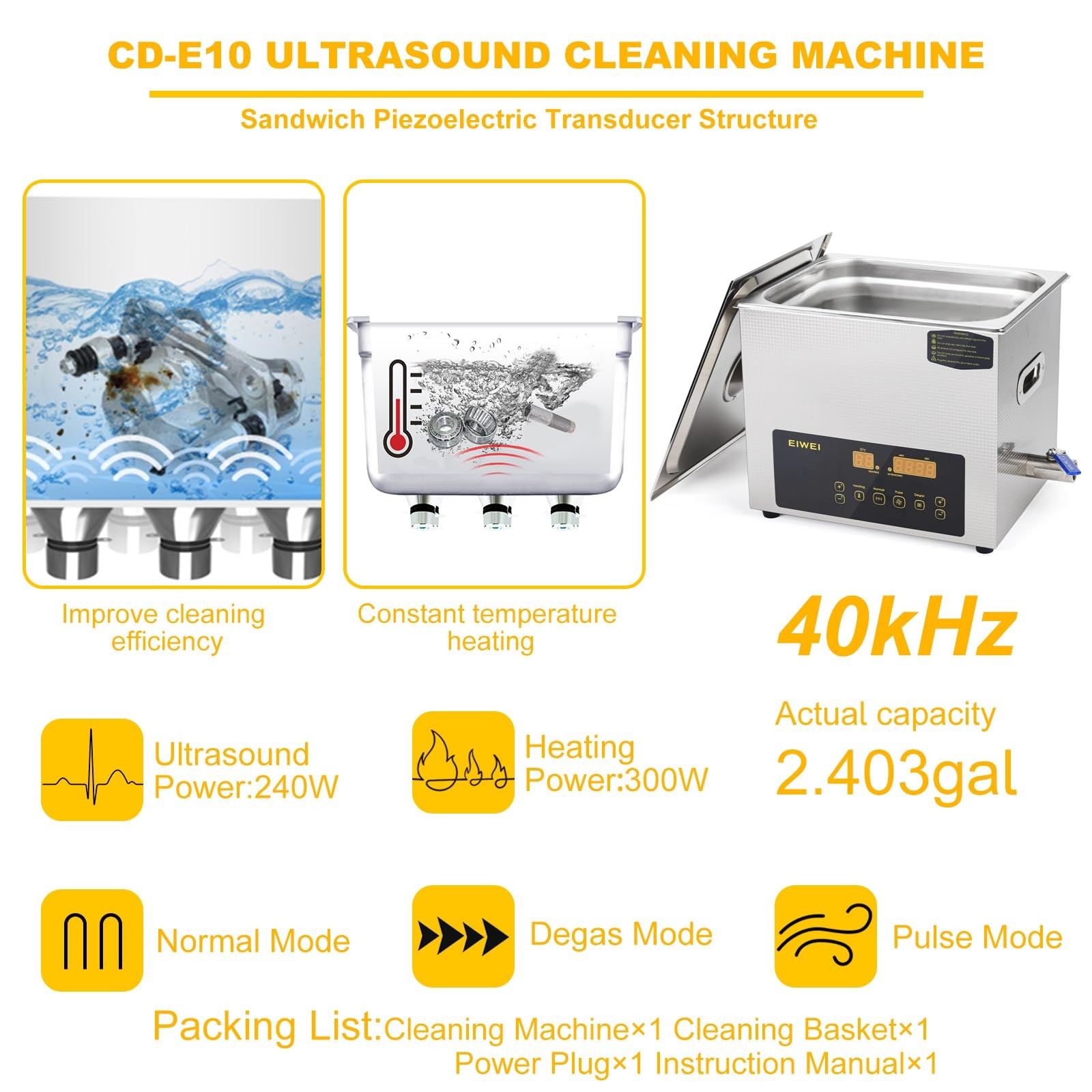 Cleaner 10L Dual Frequency Digital Stainless Steel Heater Timer Ultrasonic EIWEI