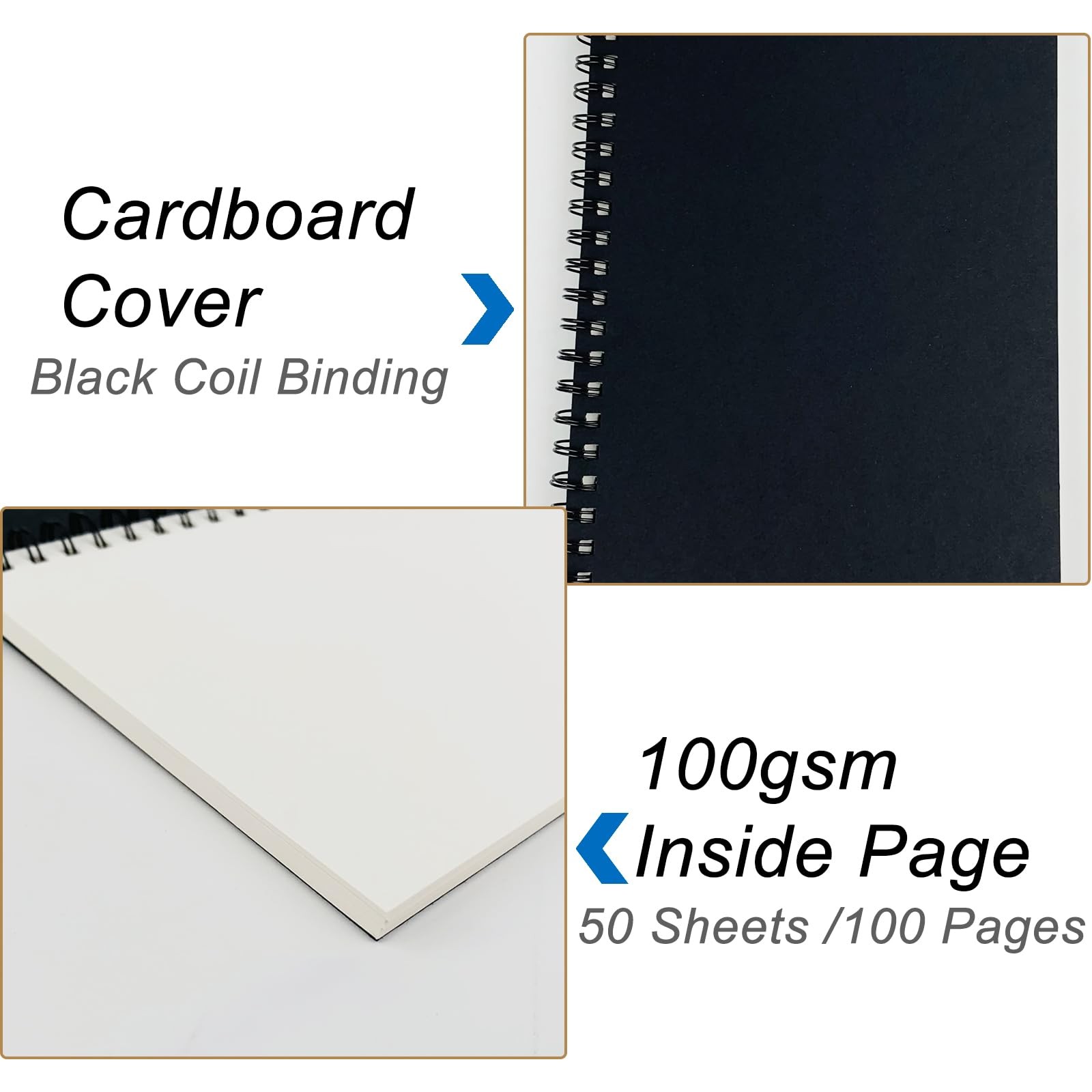 DSTELIN Blank Spiral Notebook, 3-Pack, Soft Cover, Sketch book, 100 black