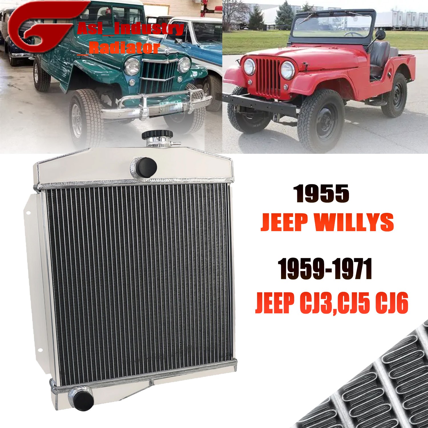 3 Rows All Aluminum Radiator For 1955 Jeep Willys;1959-1971 Jeep CJ3 CJ5 CJ6 MT