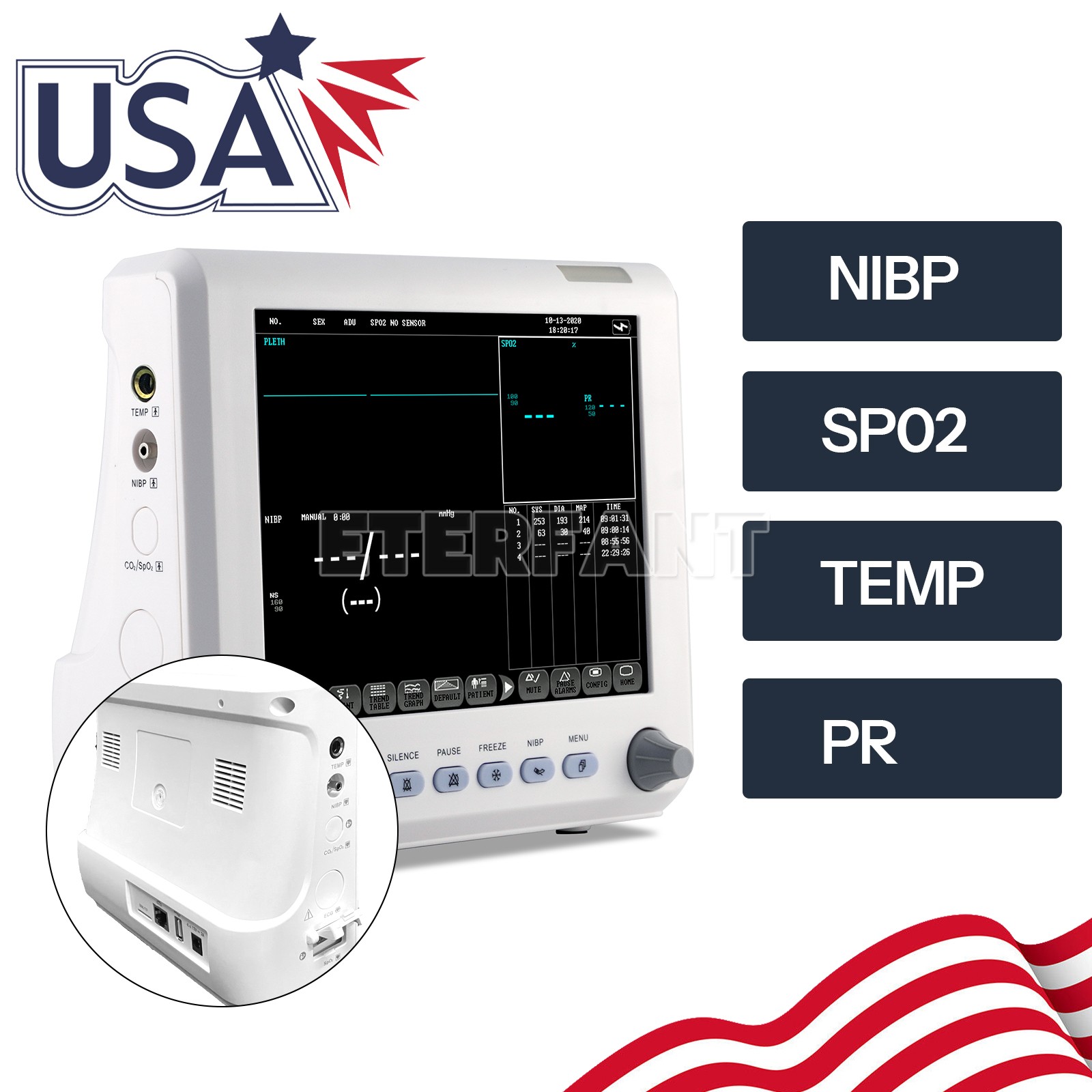 ETERFANT 8″ Patient Monitor ICU CCU Vital Signs Machine NIBP, SPO2, PR,TEMP