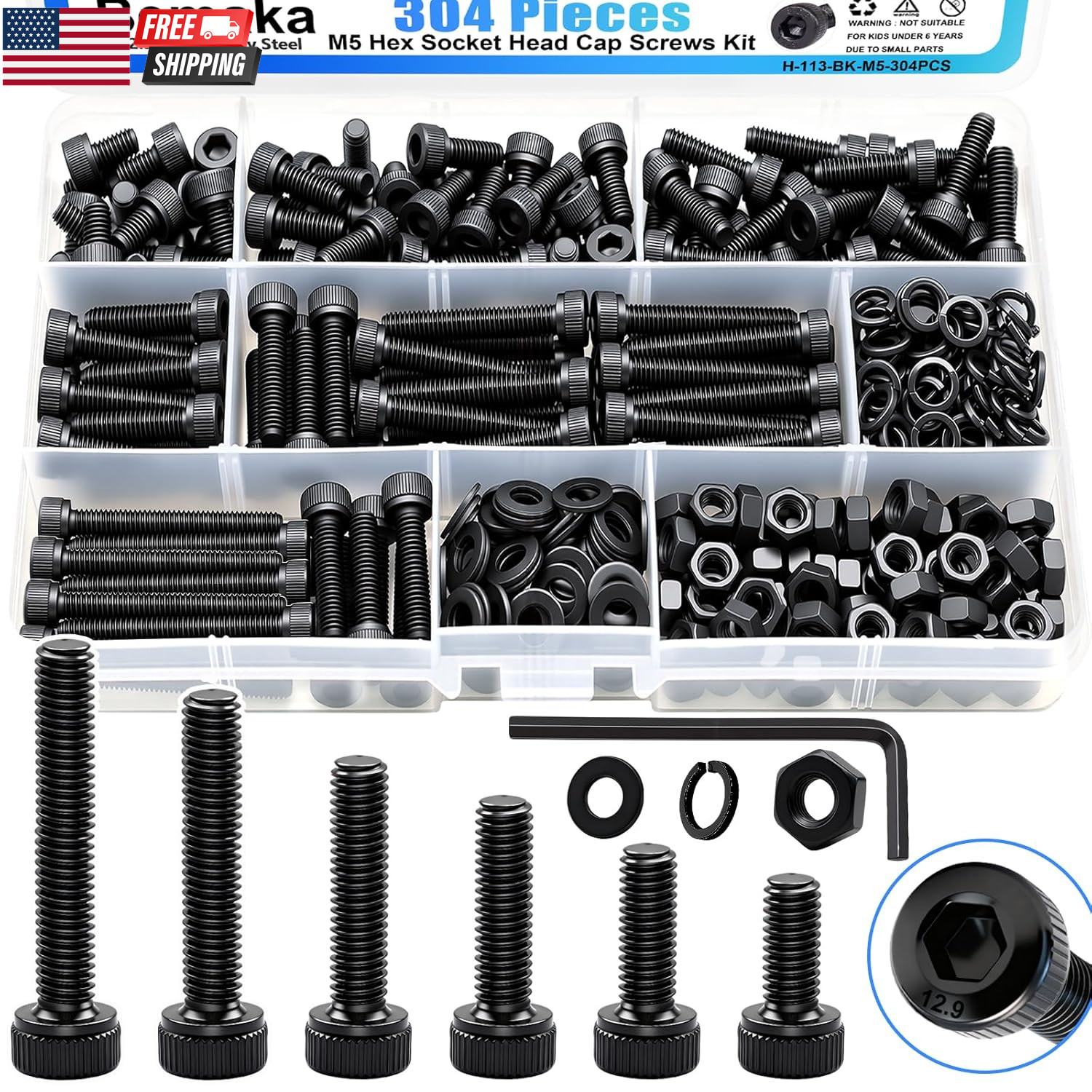 304PCS M5 Hex Socket Head Cap Screws Kit M5×8/12/16/20/30/35 mm Bolts, Nuts & Wa