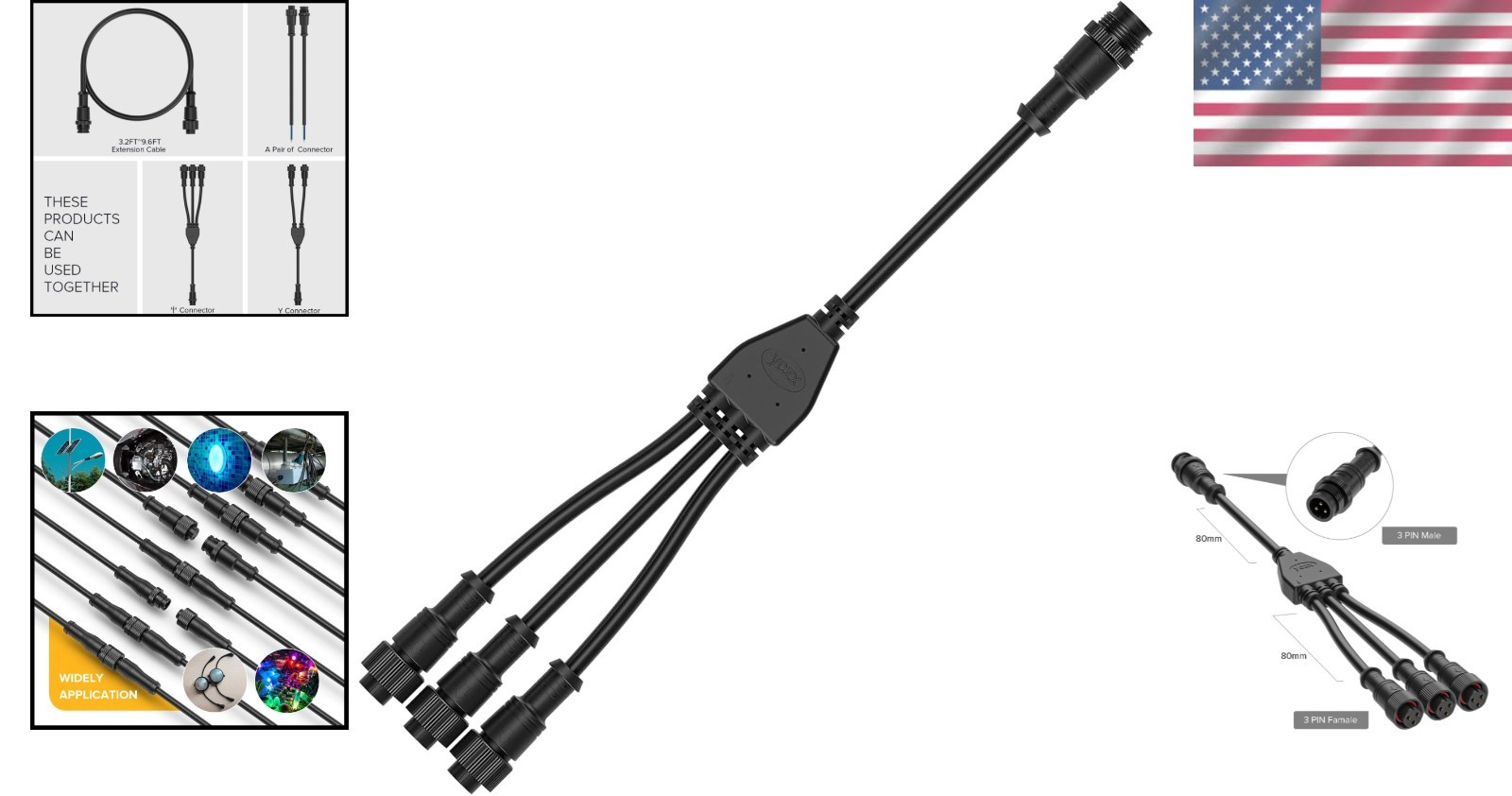 Weatherproof 3-Pin Y Splitter Connector for LED Lights – 1 Male to 3 Female