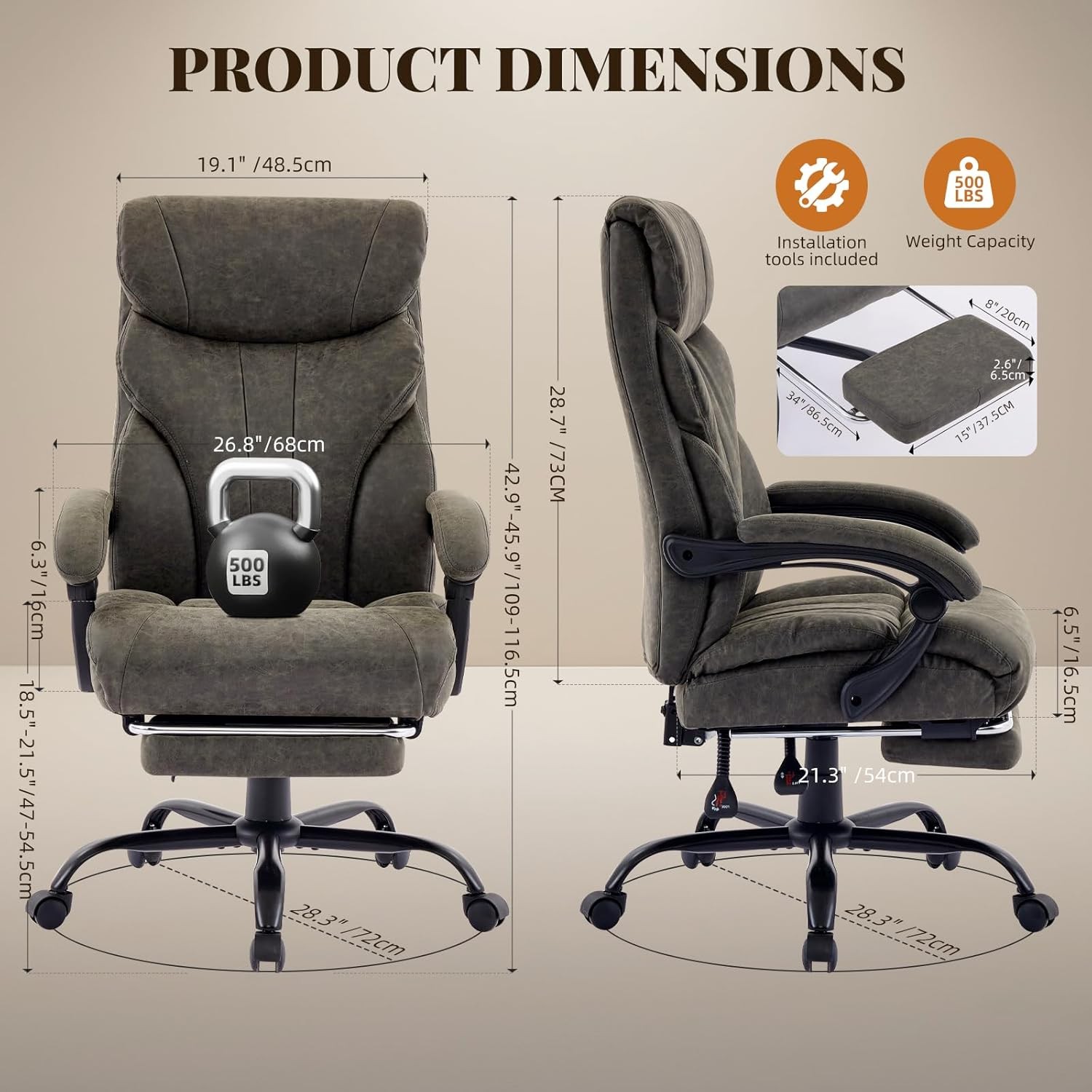 🚩Wide Ergonomic Computer Chair with Footrest, 500lbs Big and Tall Office Chair