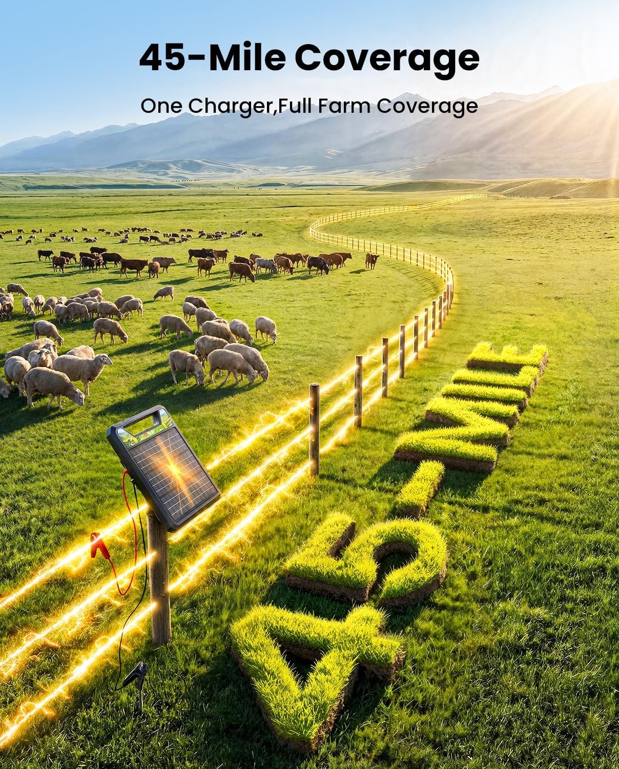 45 Miles Solar Electric Fence Charger Solar Fence Charger with Day or Night Mode