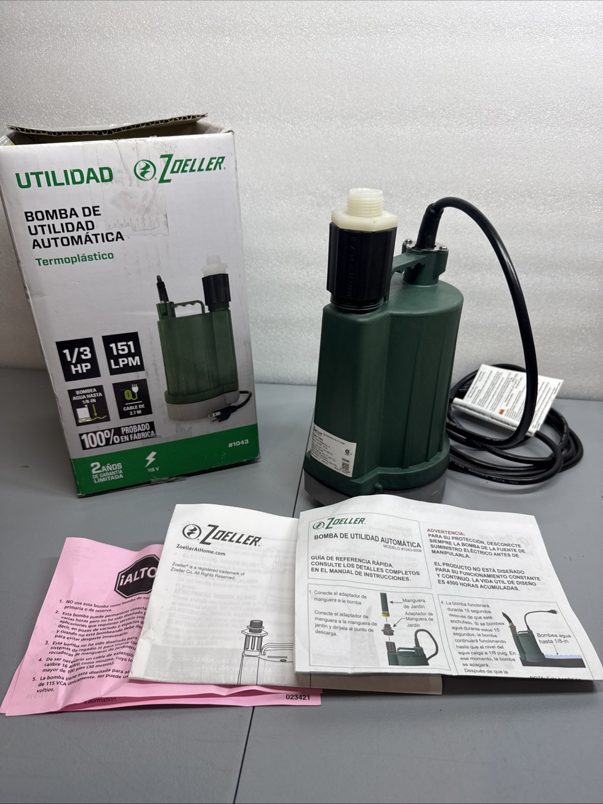 Zoeller 1043 Automatic Utility Pump 1/3 HP 40 GPM 115V Open Box New