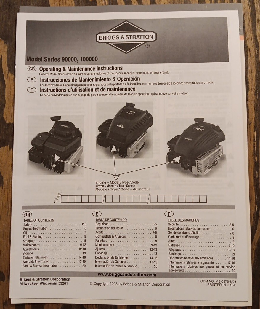 Briggs & Stratton Manual Series 90000, 100000