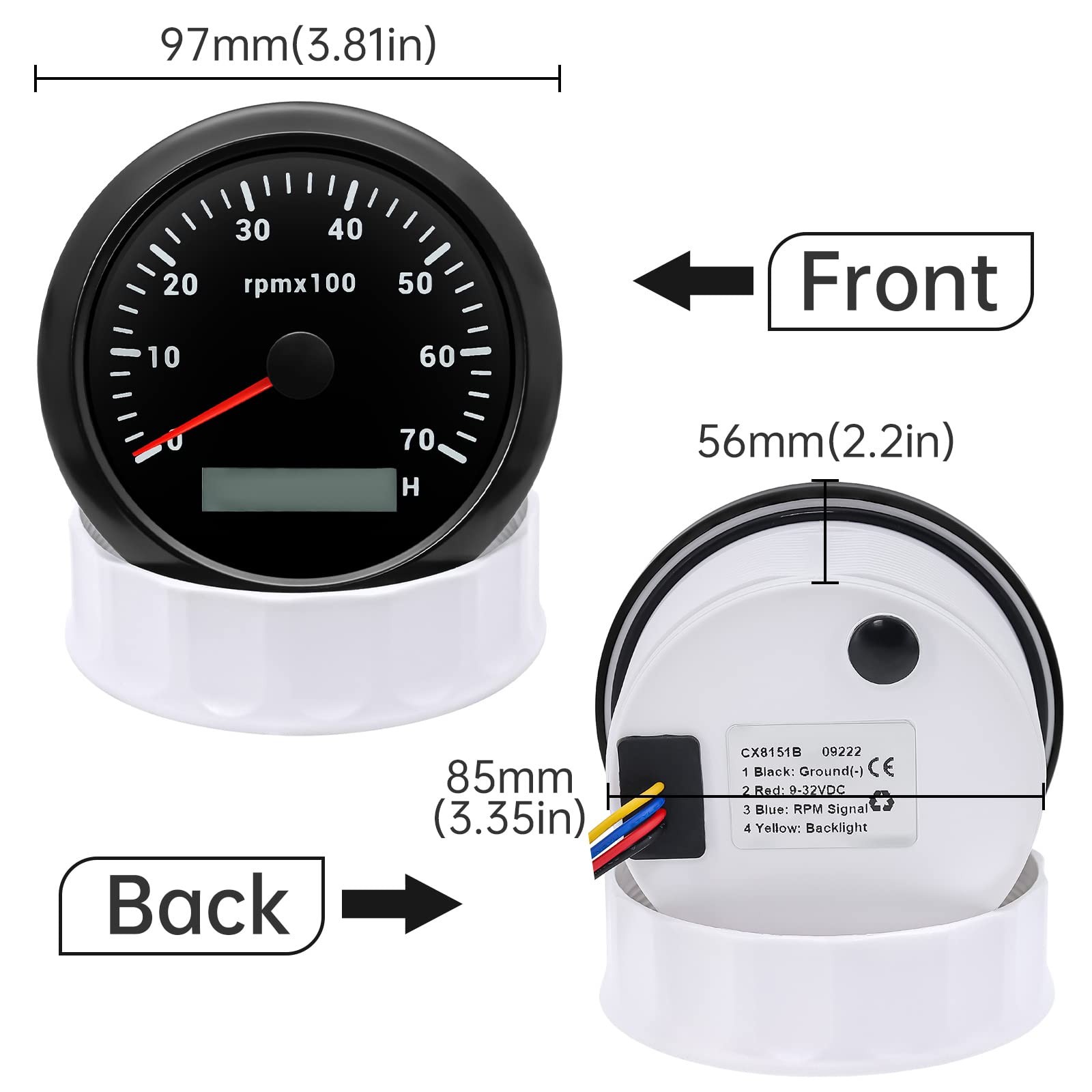Tachometer Boat 7000 RPM Gauge 85mm 3-3/8″ 7 Color for Car AUTO Truck 9-32V (…