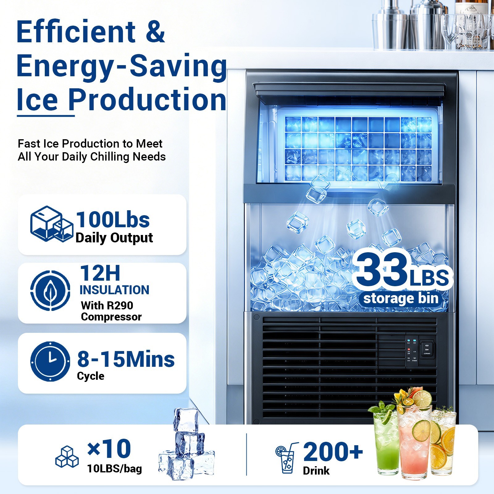 Commercial Ice Machine, ice production capacity 100 lbs, ice storage capacity 30