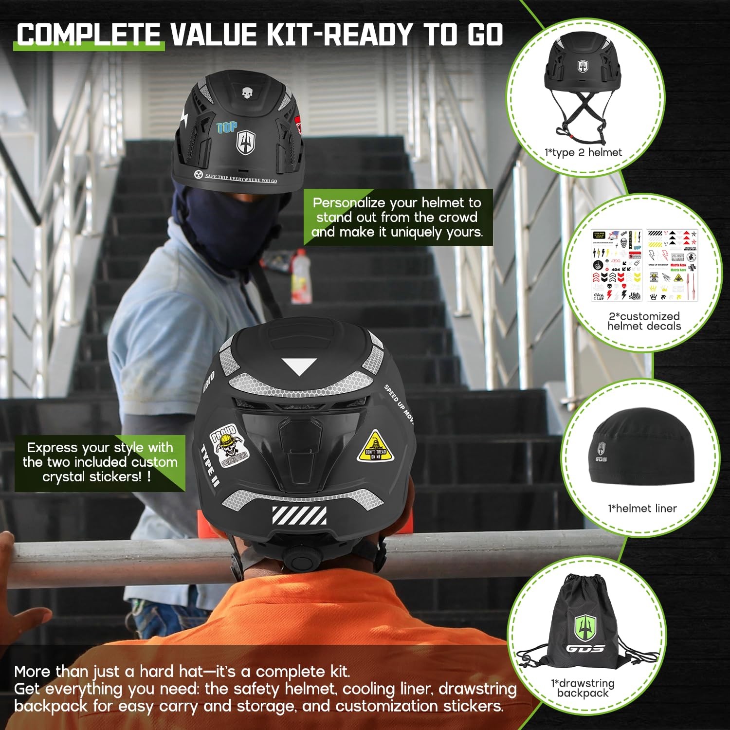 Type 2 Hard Hat Vented Construction Safety Helmet Green Devil with Chin Strap